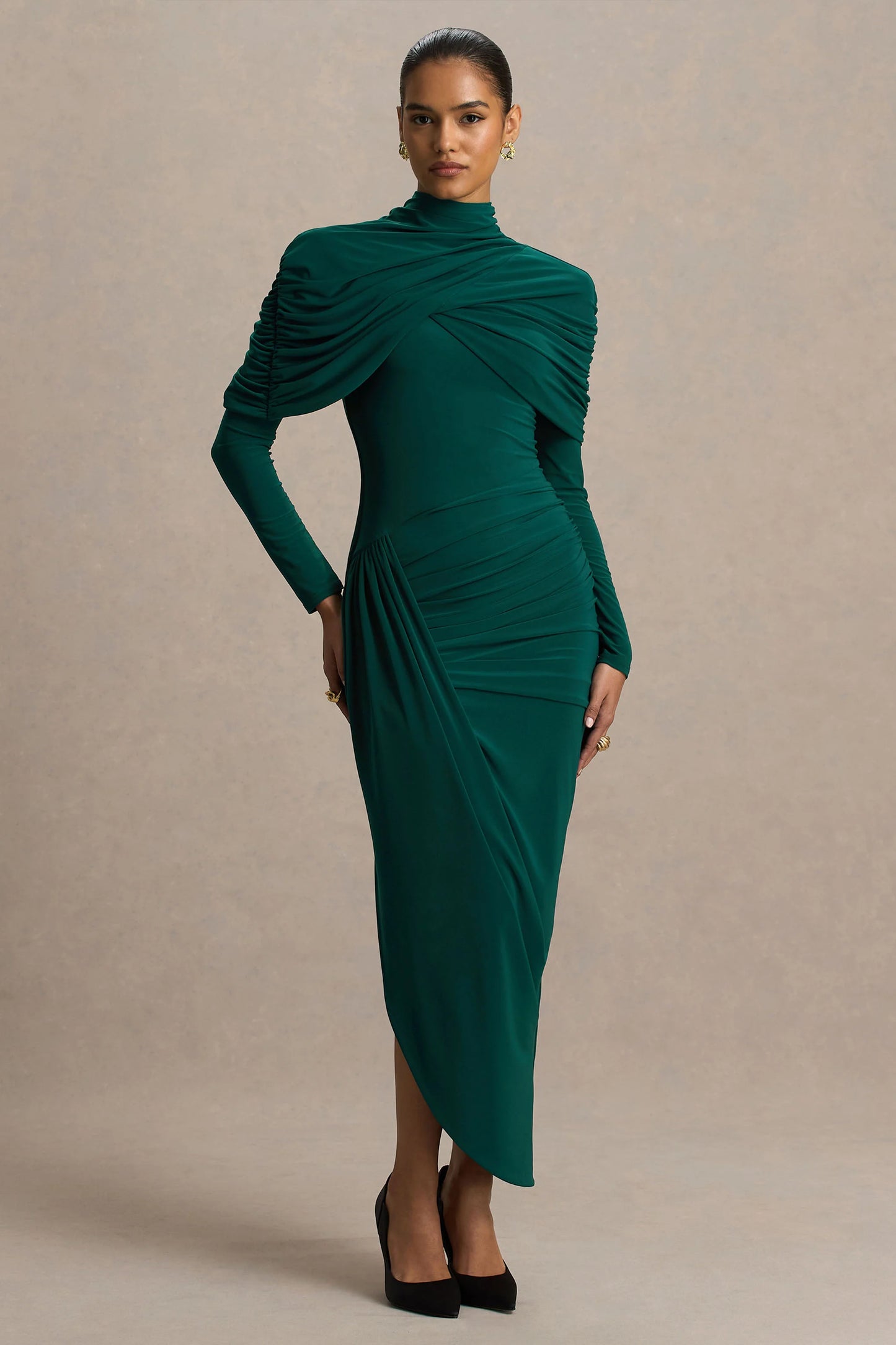 Aneira Bottle Green High-Neck Maxi Dress With Cape Sleeves