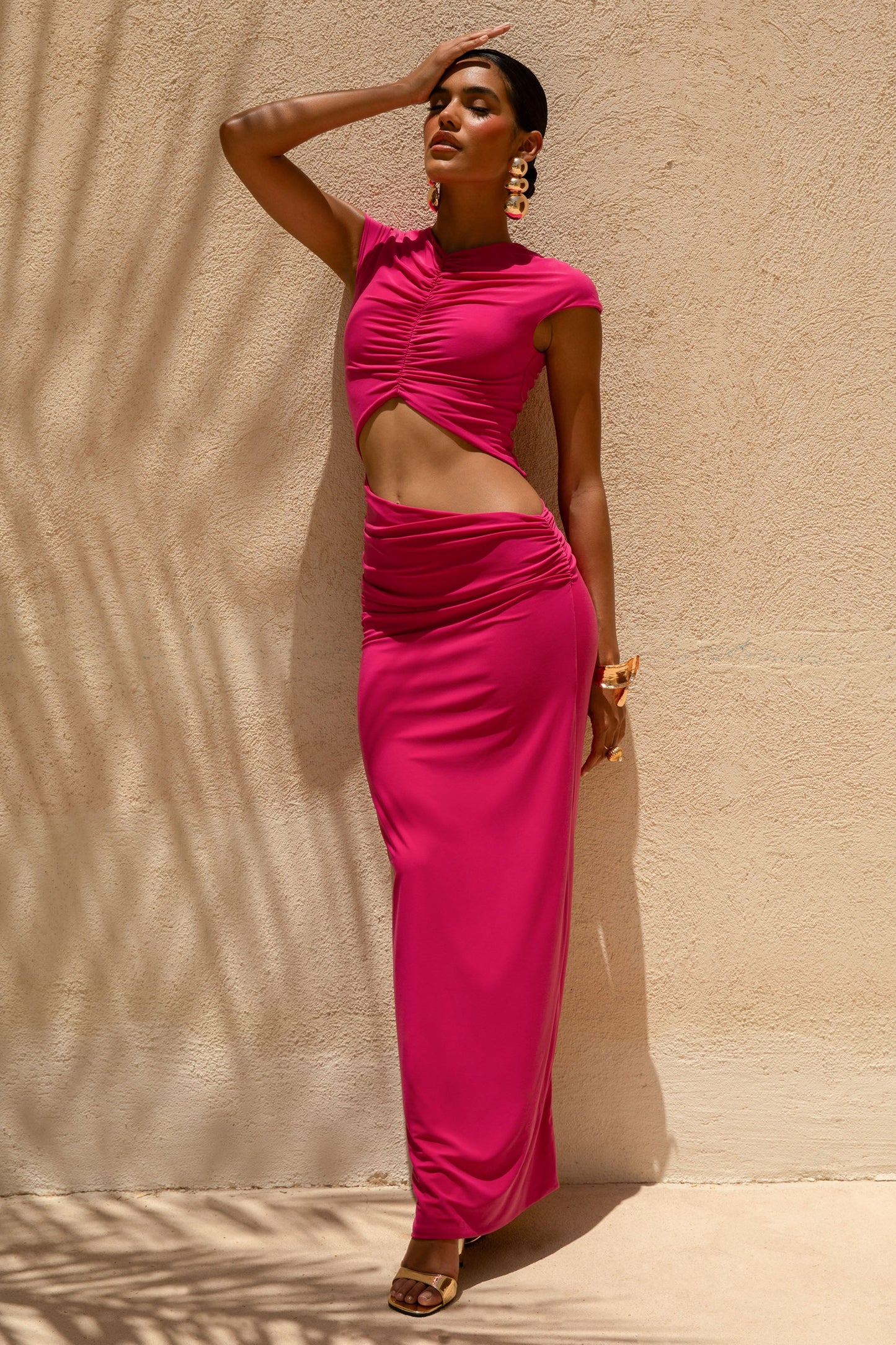 Pia Hot Pink Short-Sleeve Maxi Dress With Cut-Out
