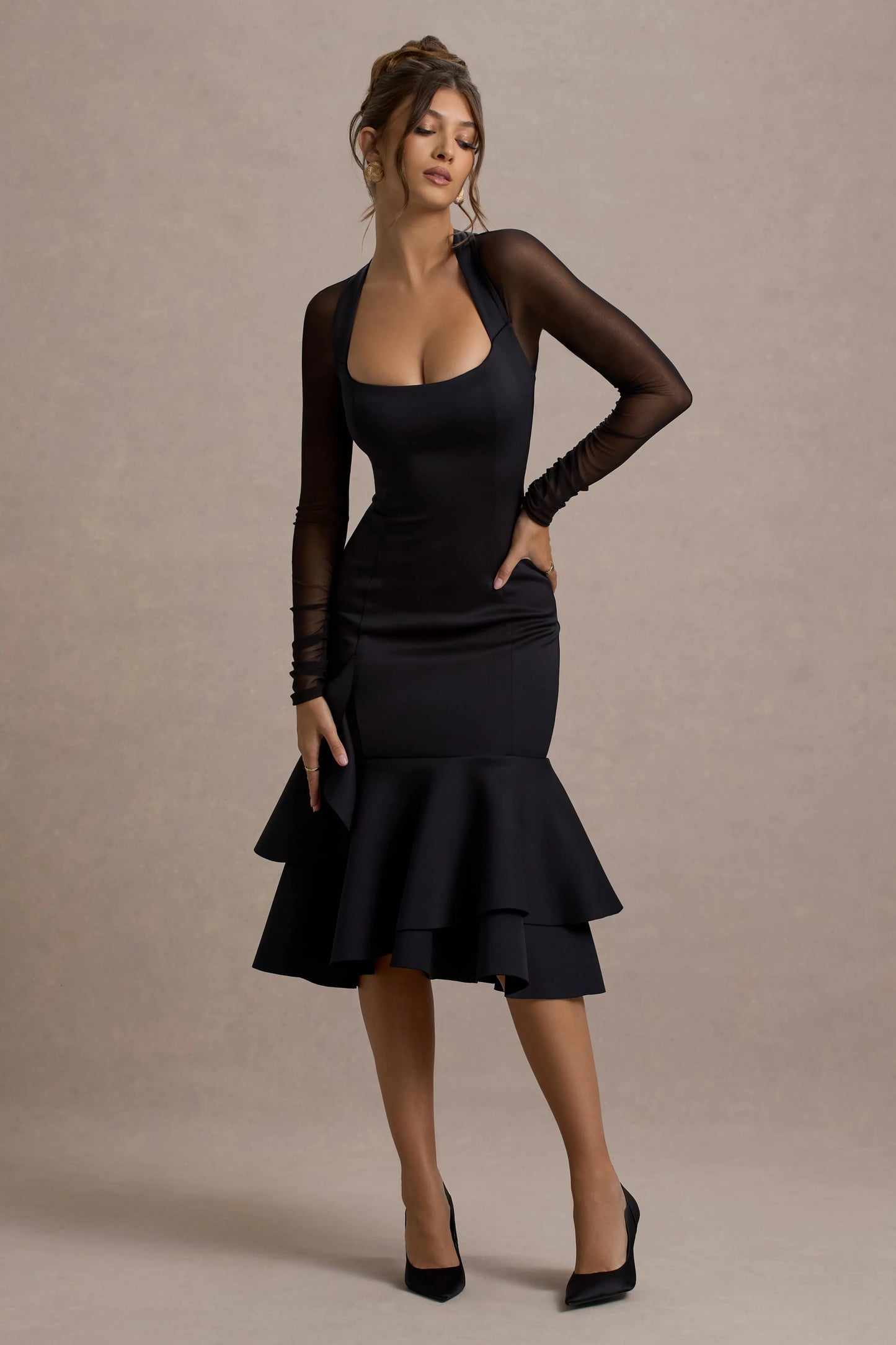Sander Black Mesh Long-Sleeve Ruffle-Hem Midi Dress