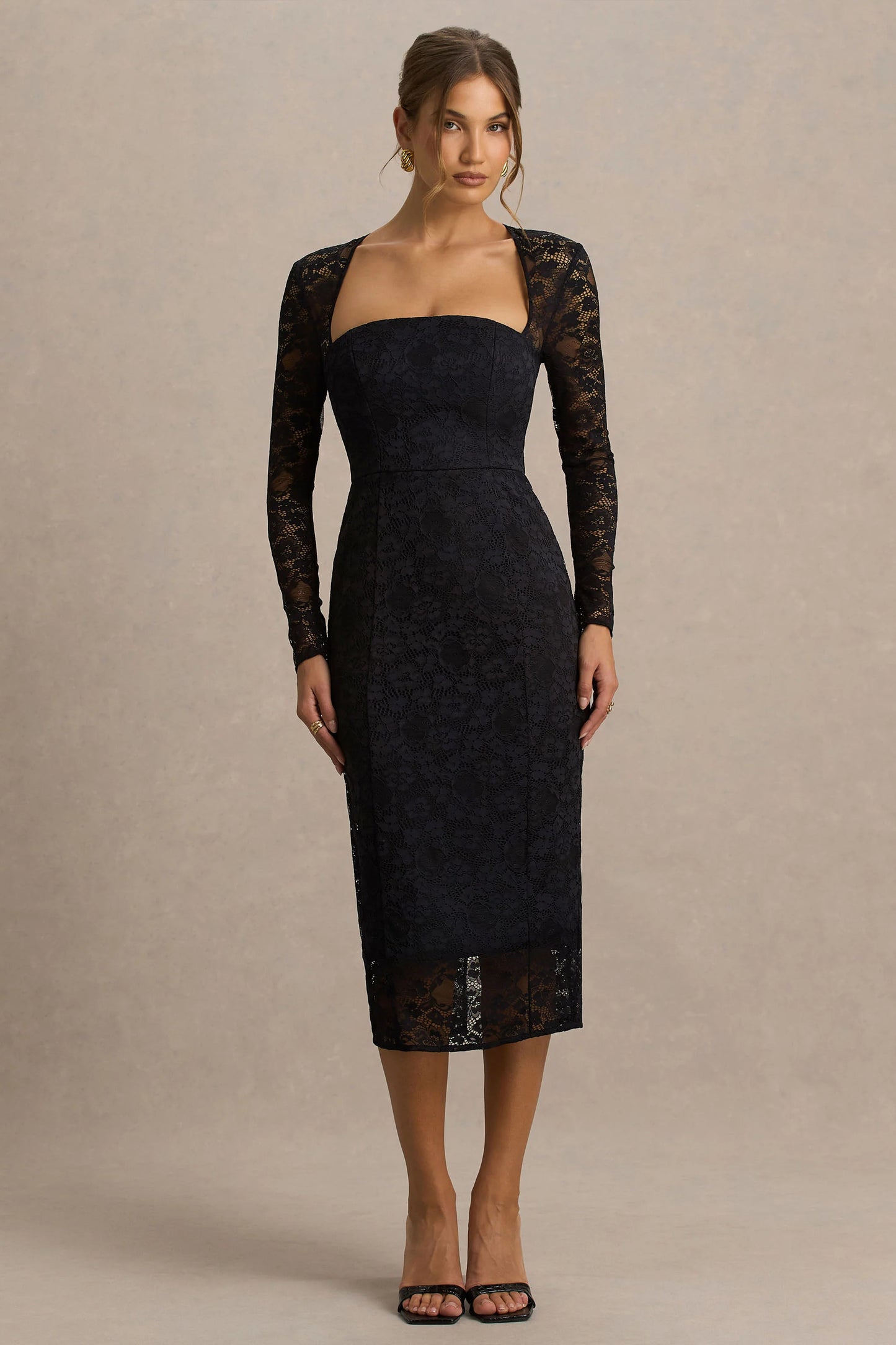 Alissa Black Lace Square-Neck Midi Dress