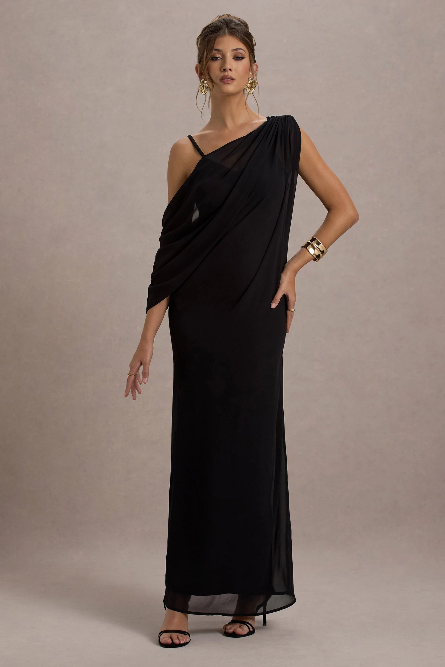Aeliana Black Strappy V-Neck Maxi Dress With Chiffon Sash