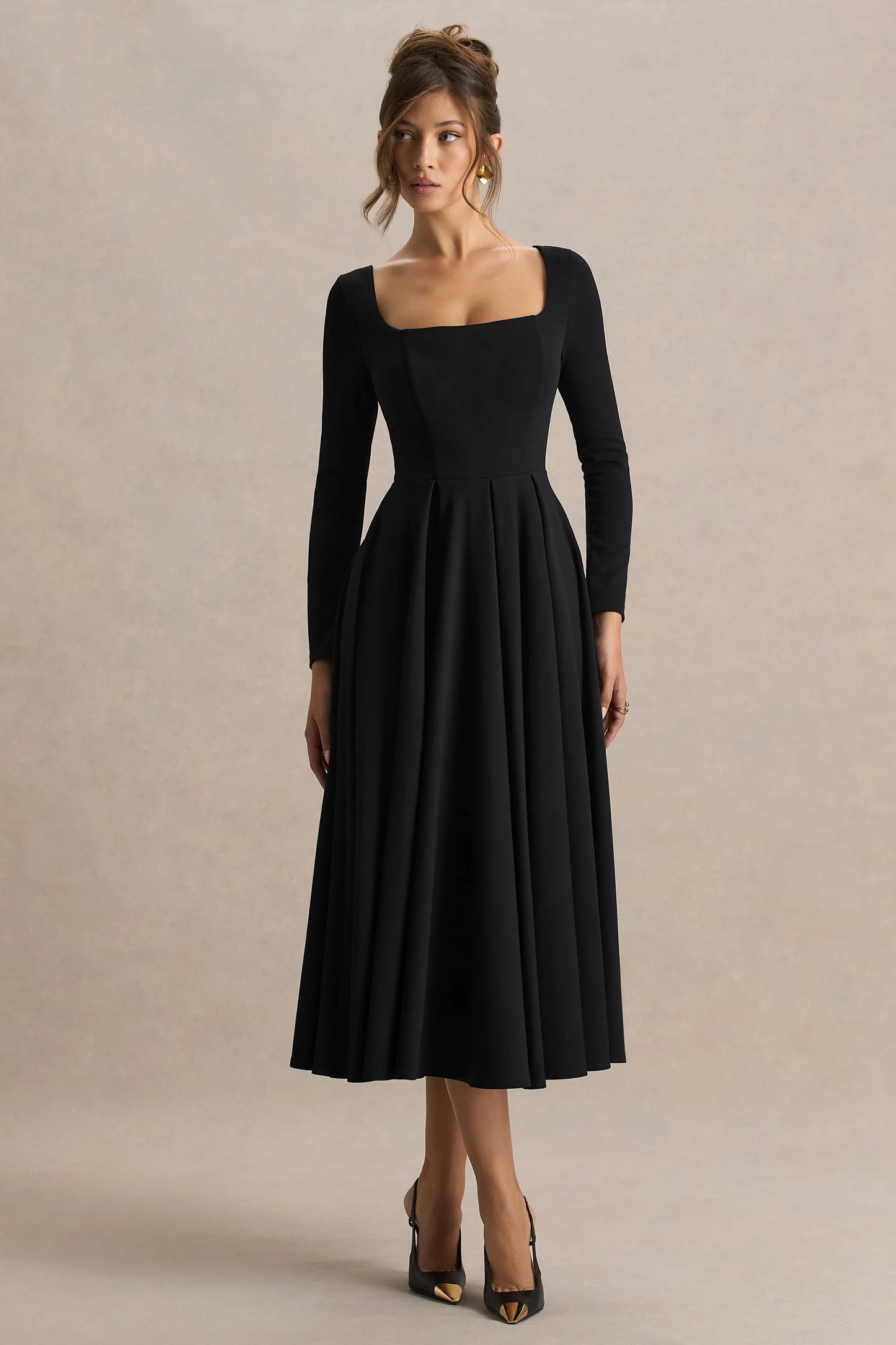 Alison Black Square-Neck A-Line Midi Dress