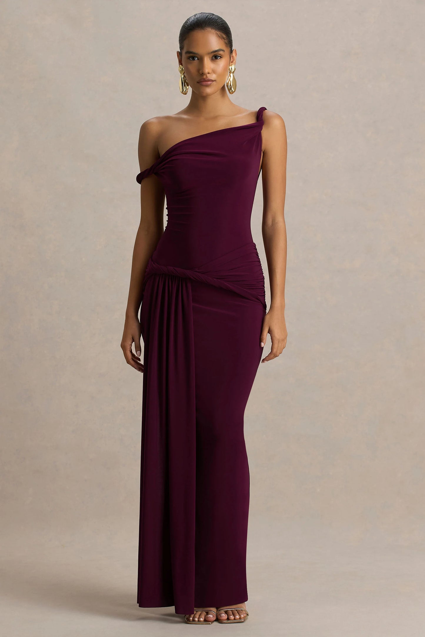 Tulisa Burgundy Asymmetric-Neck Maxi Dress With Twist Sleeves And Ruched Detailing