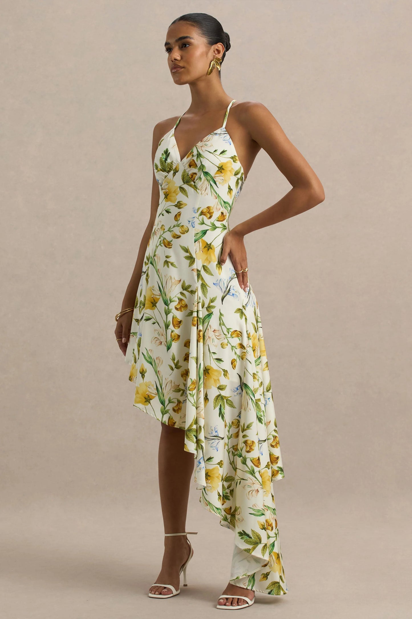 Glint Lemon Floral Print Satin Plunge-Neck Maxi Dress With Asymmetric Hem