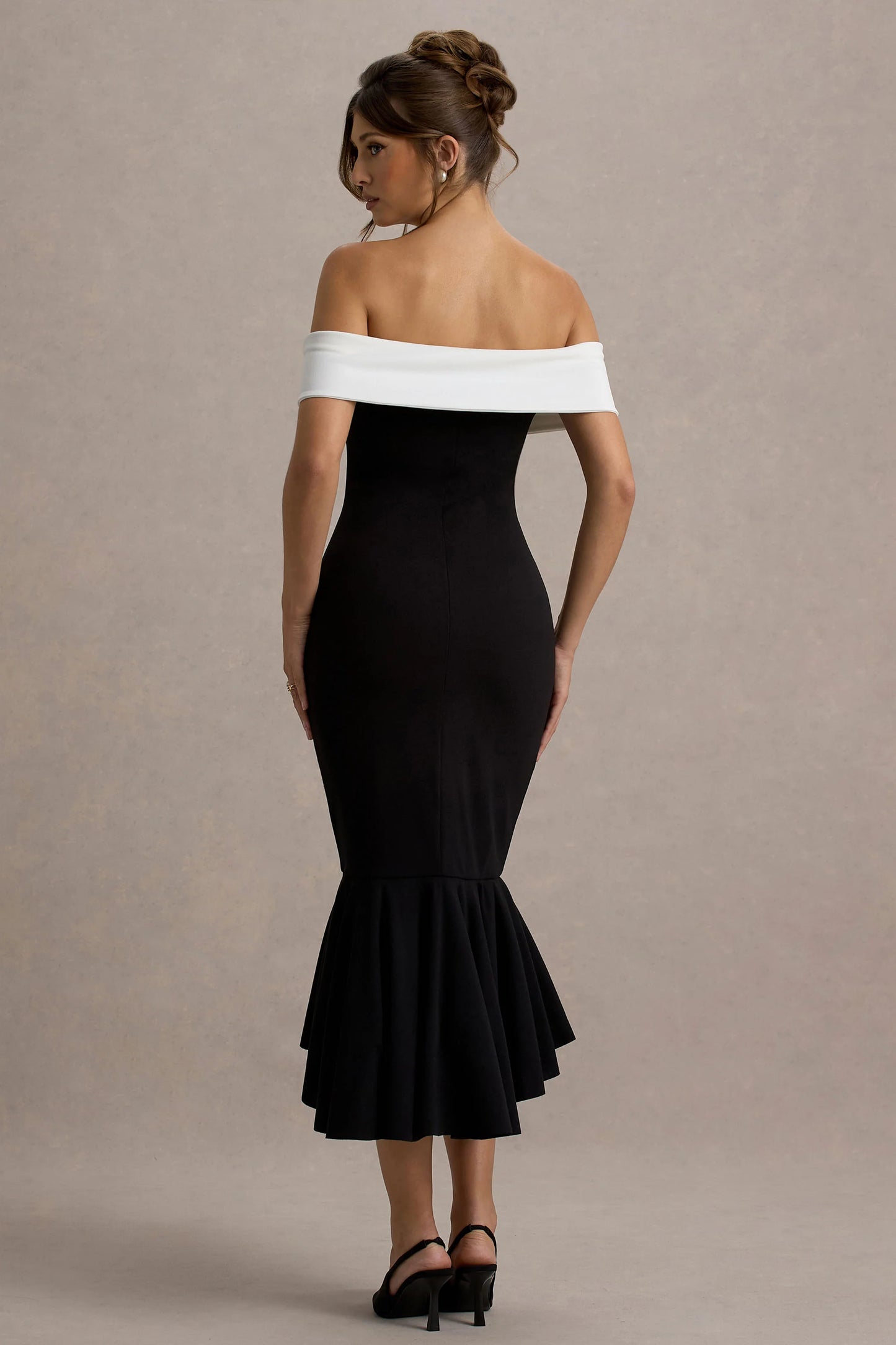 Corola Black & White Bardot Volume-Hem Midi Dress