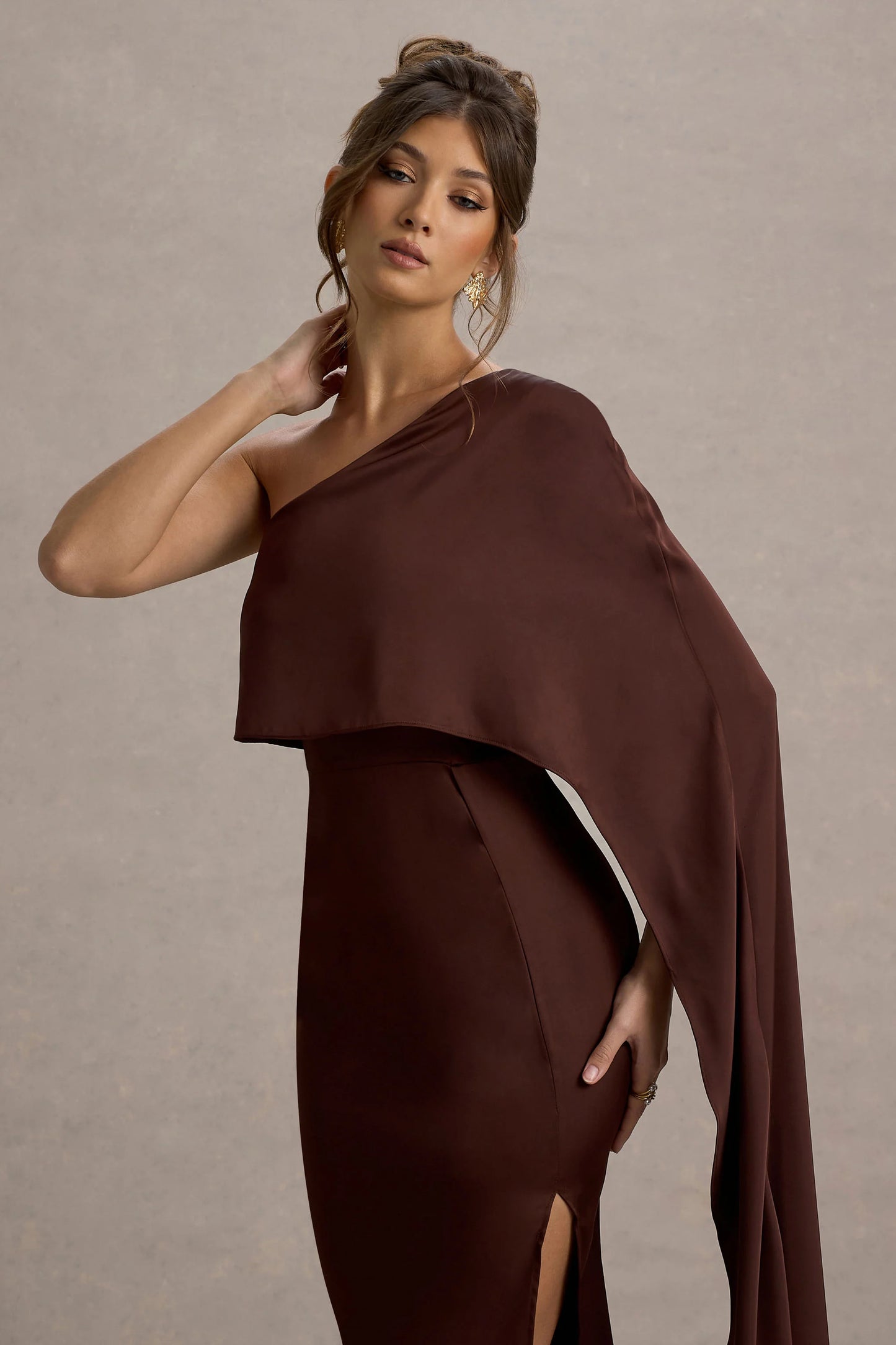 Amora Brown Satin Asymmetric Cape-Sleeve Split Maxi Dress