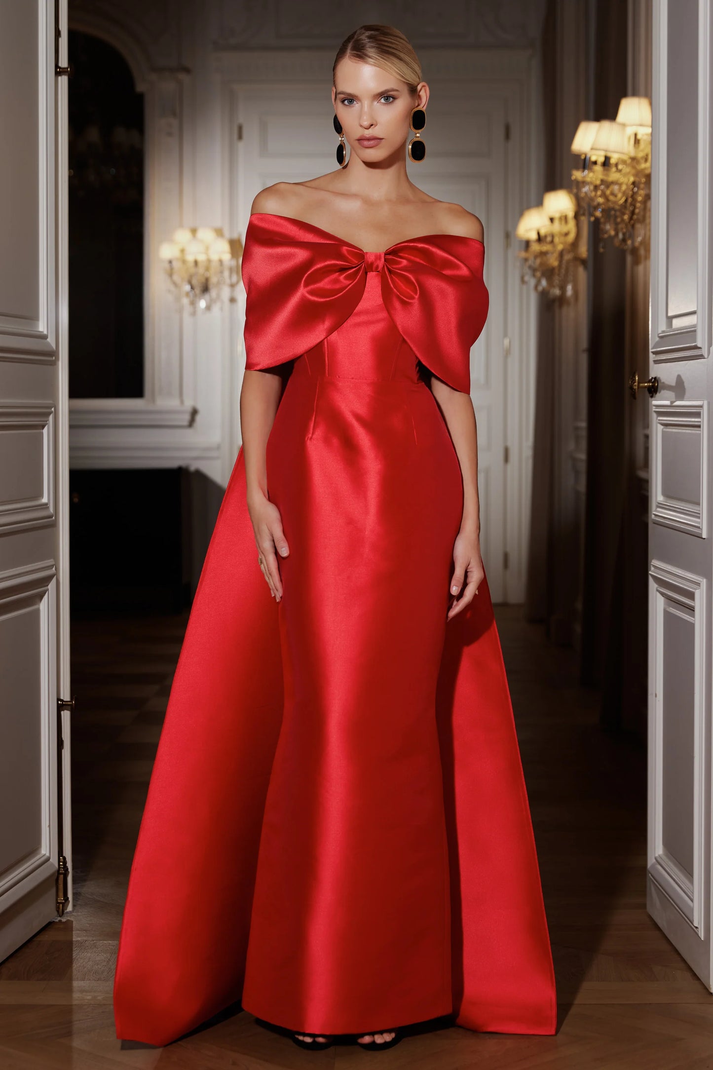 Wanting More Red Satin Cape Maxi Dress With Oversized Bow