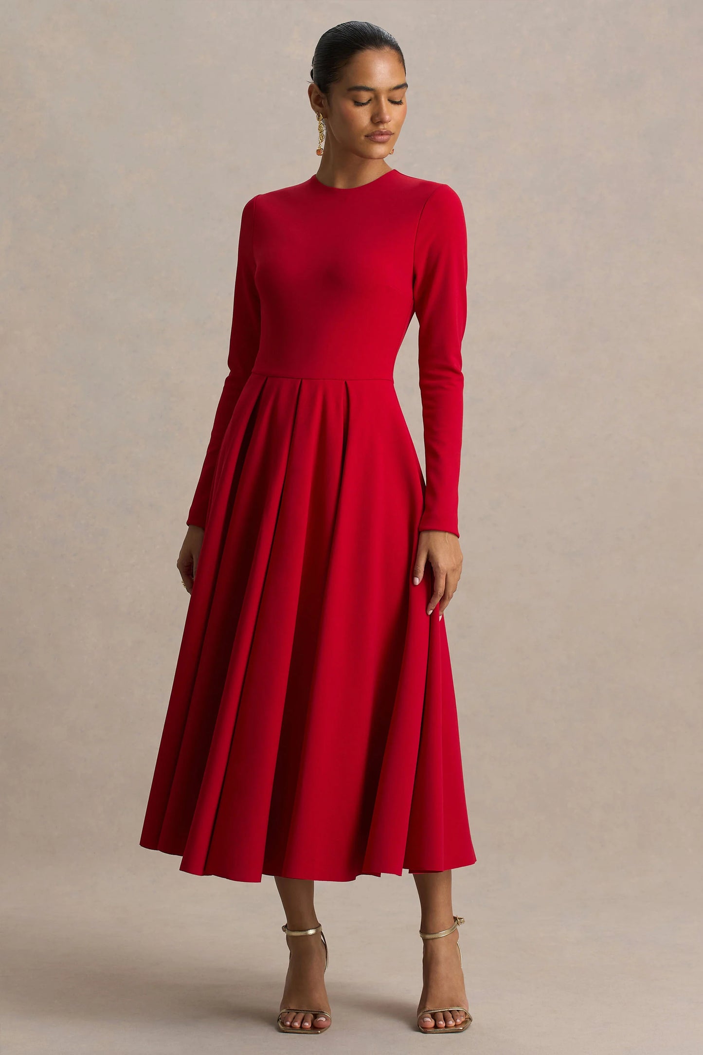 Bellamy Red Crew-Neck Long-Sleeve Midi Dress