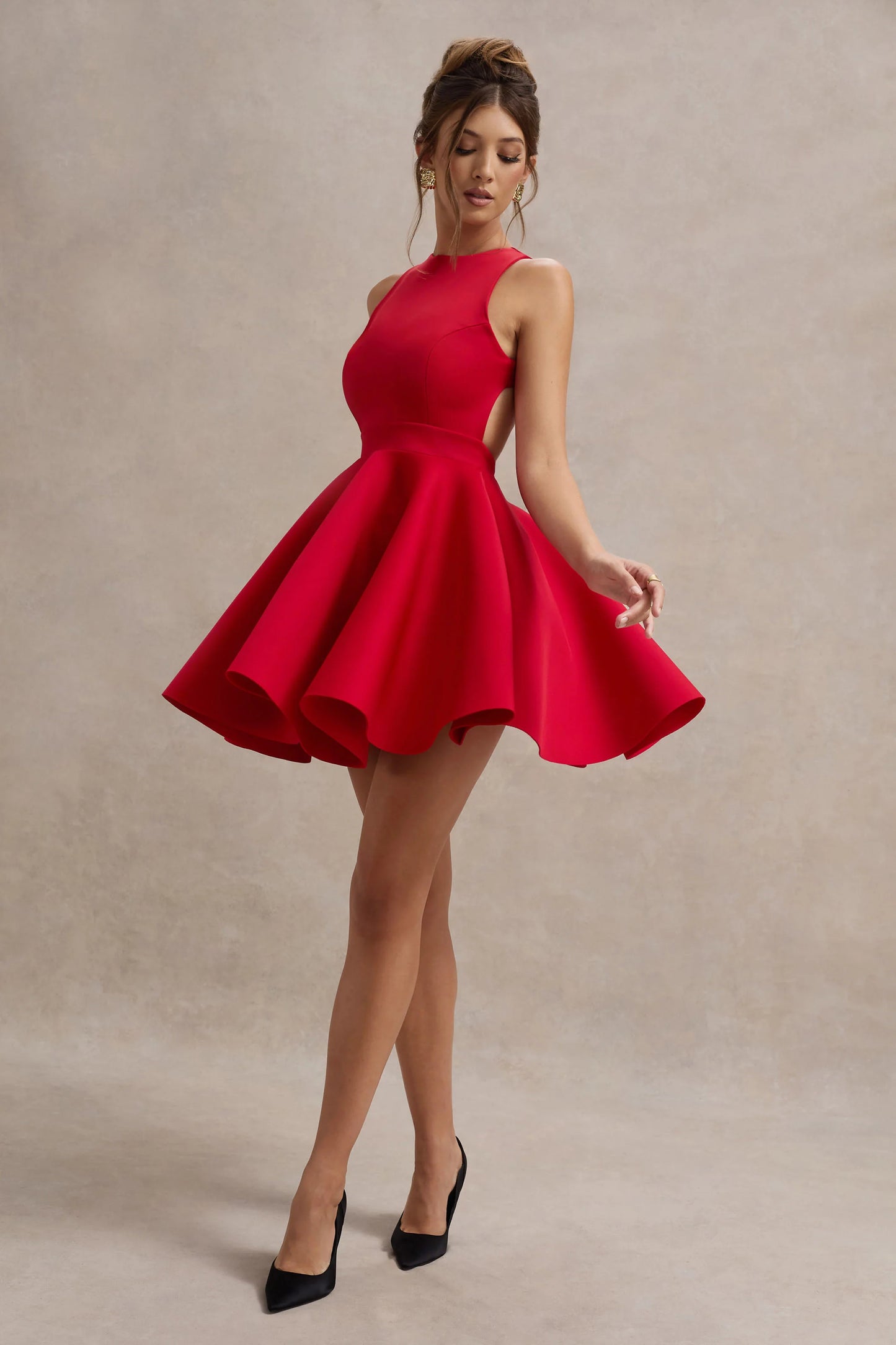 Waverly Red Racer-Neck Sleeveless Skater Mini Dress