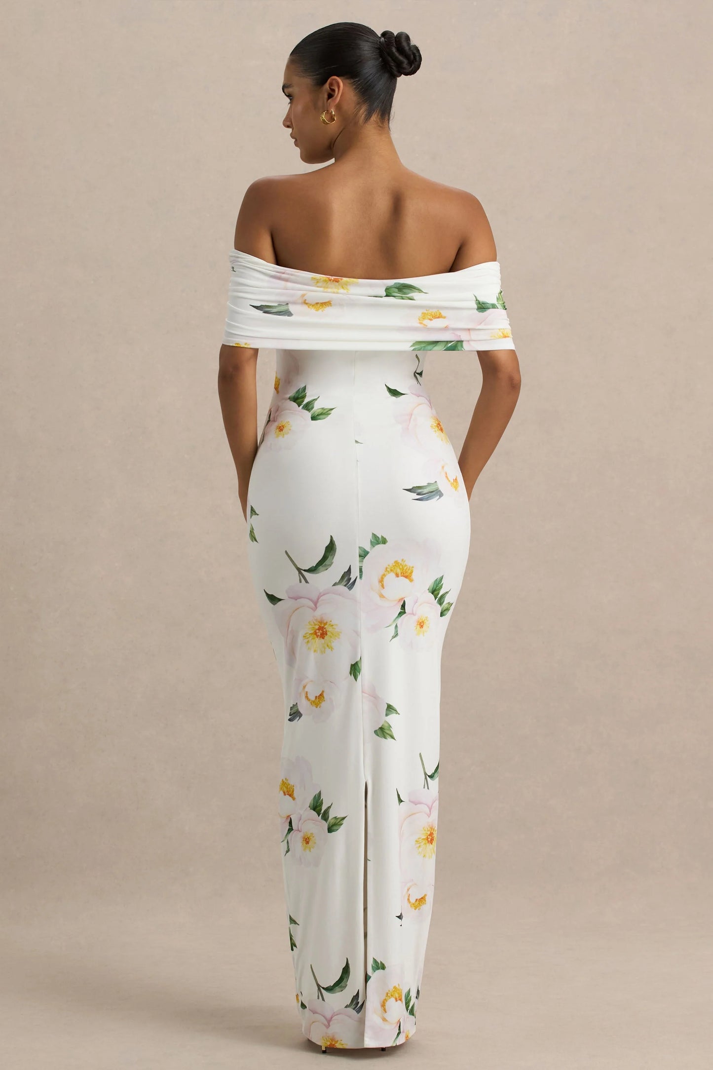 Capri White Rose Print Bardot-Neck Maxi Dress With Ruched Detailing