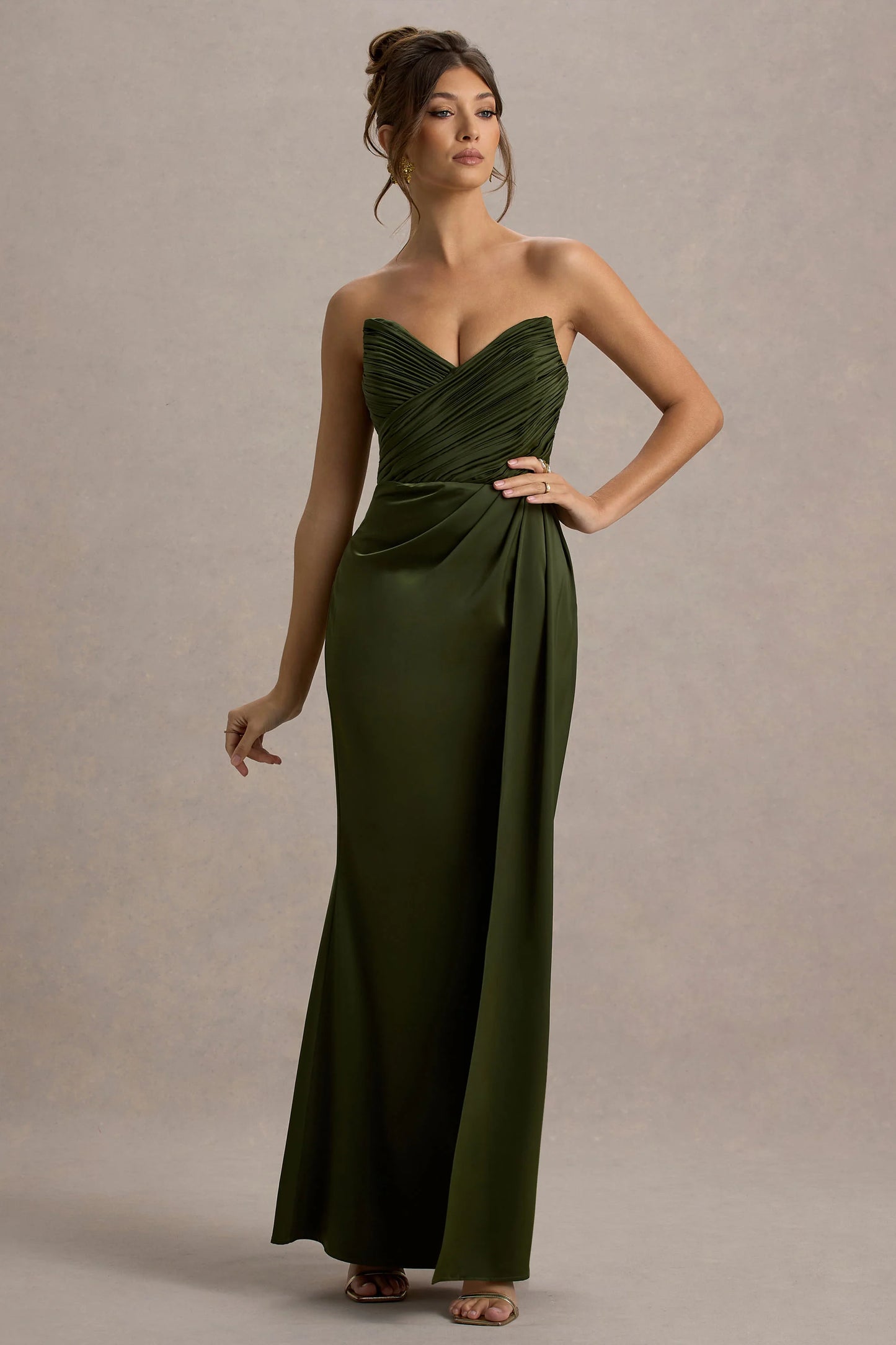 Edel Olive Satin Strapless Maxi Dress With Drape