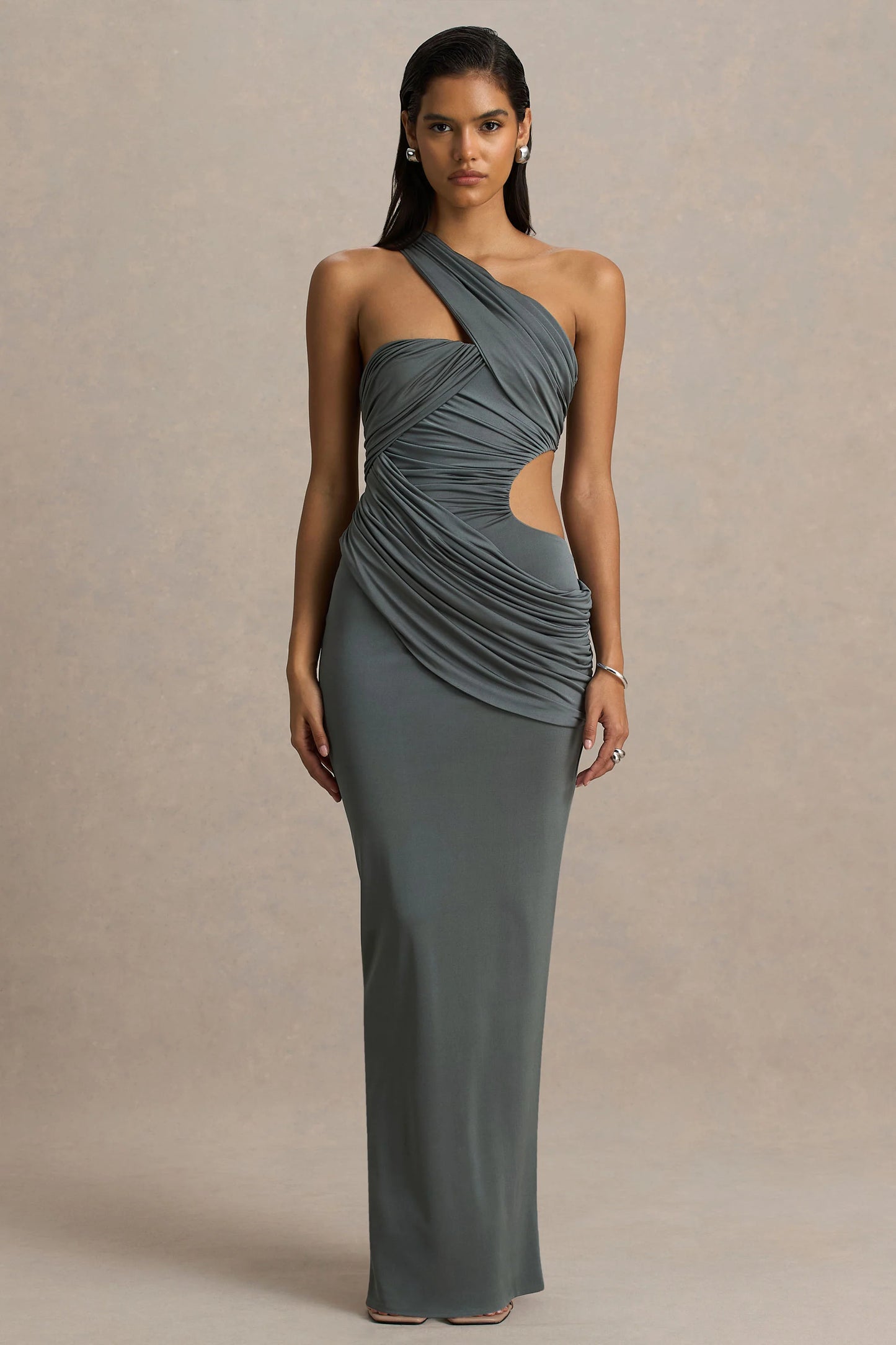 Serefine Grey Asymmetric-Neck Maxi Dress With Body Cut-Out