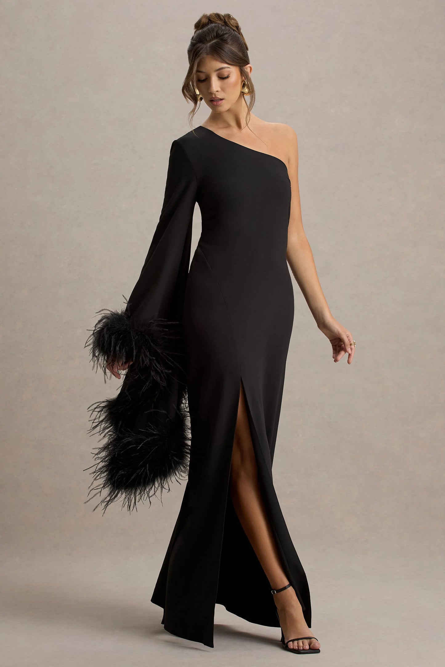 Armina Black One-Shoulder Feather-Trim Maxi Dress