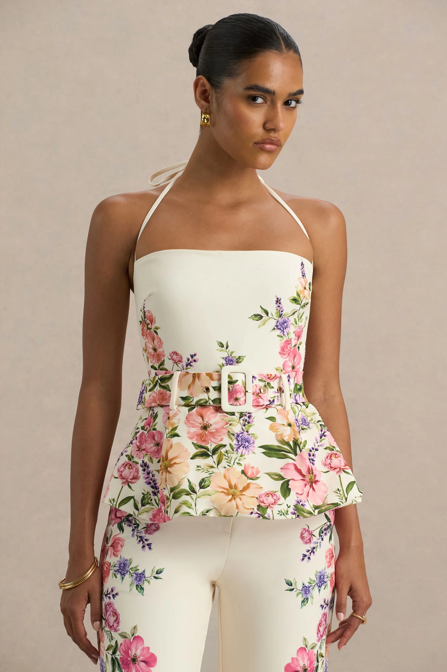 Maud White Floral Border Print Square-Neck Tailored Top