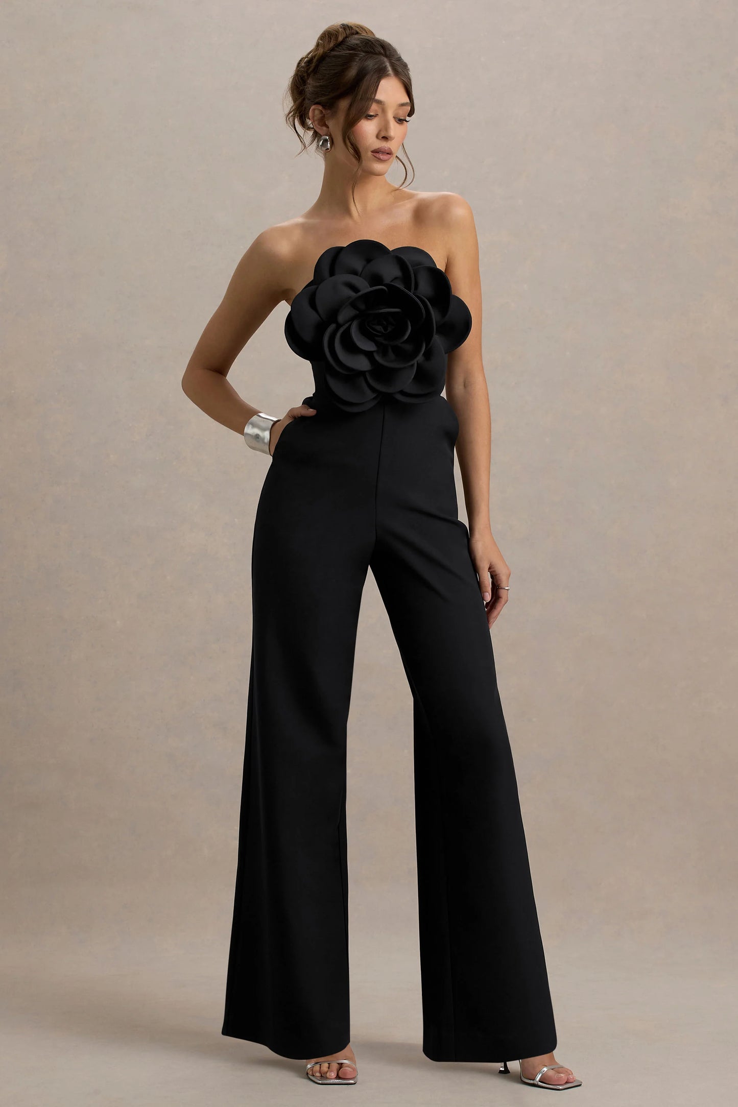 Opia Black Bandeau Wide-Leg Jumpsuit With Large Floral Corsage