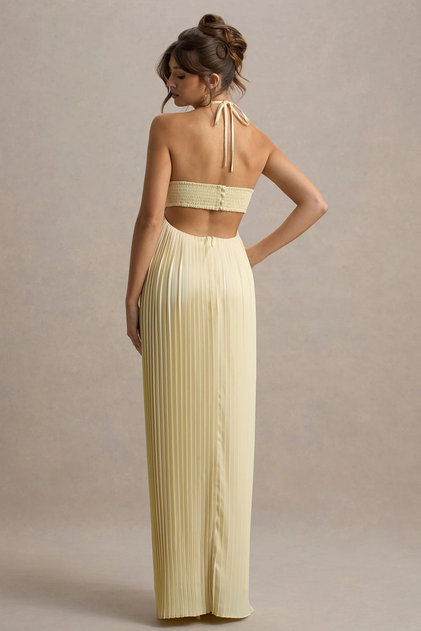 Elayne Pale Lemon Halter-Neck Maxi Dress With Cut-Out Detail