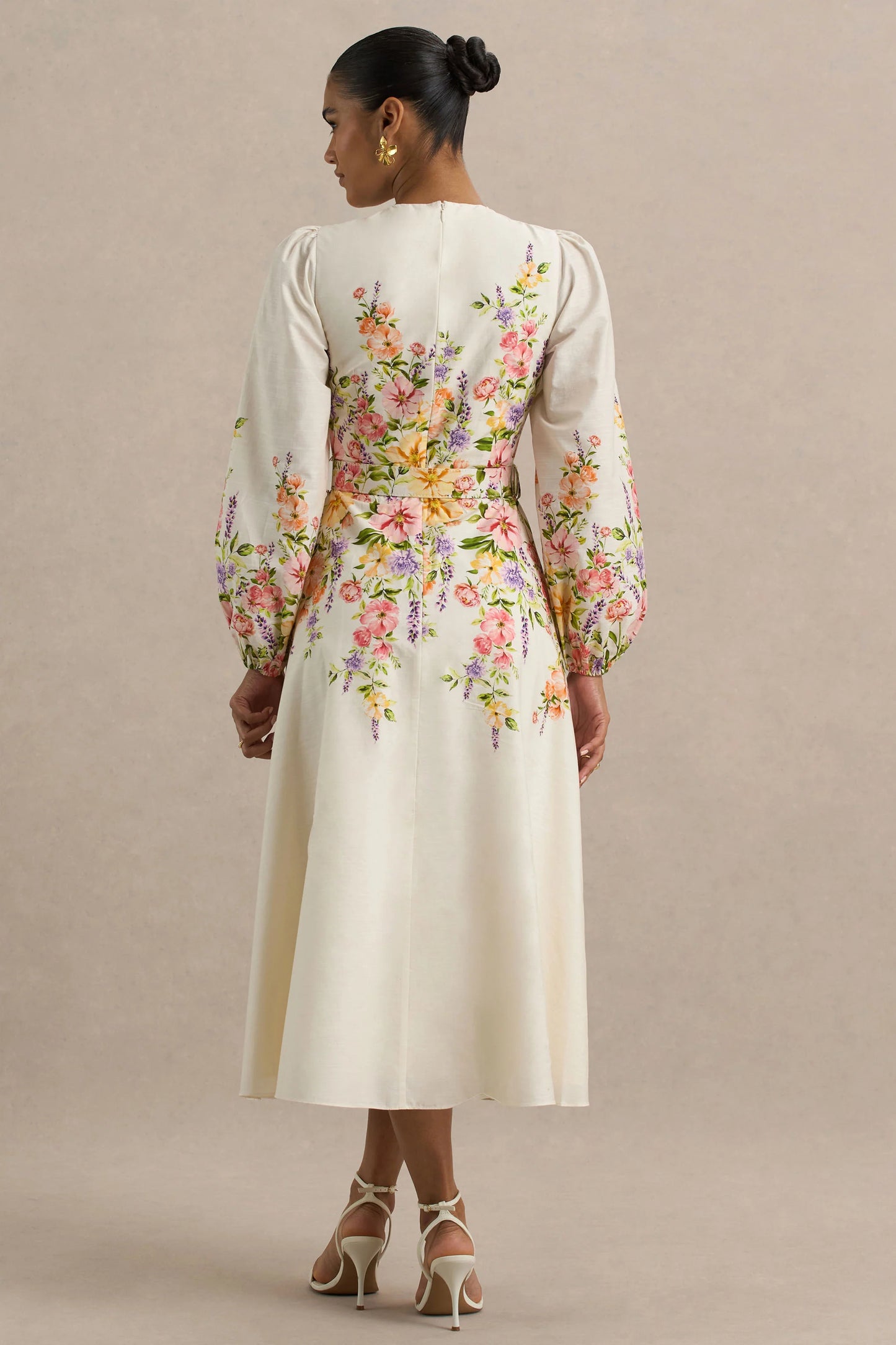 Dahlia White Floral Border Print High-Neck Midi Dress