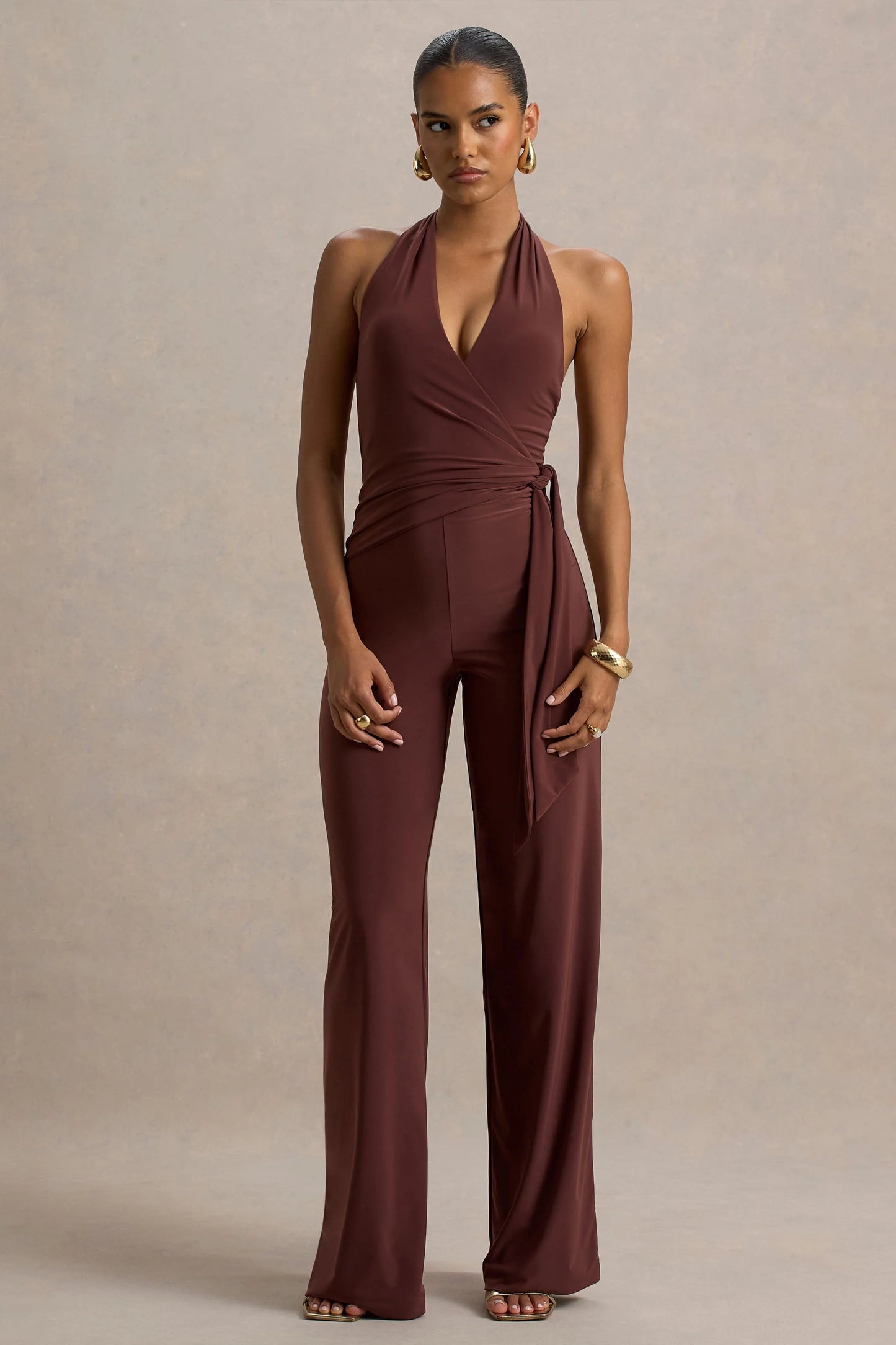 Marlais Chocolate Plunge-Neck Jumpsuit With Tie-Waist