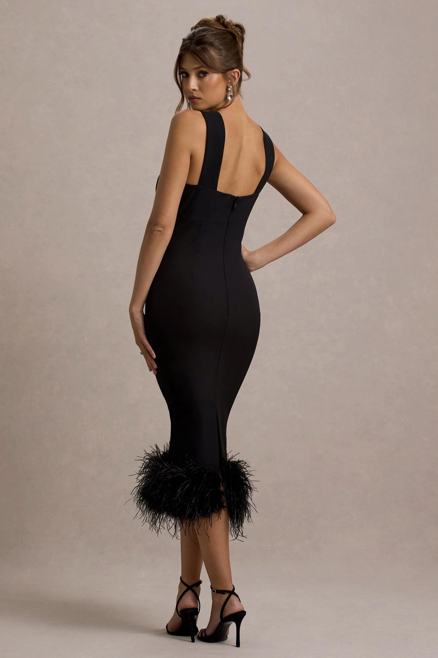 Titania Black Twist-Neck Feather Hem Midi Dress