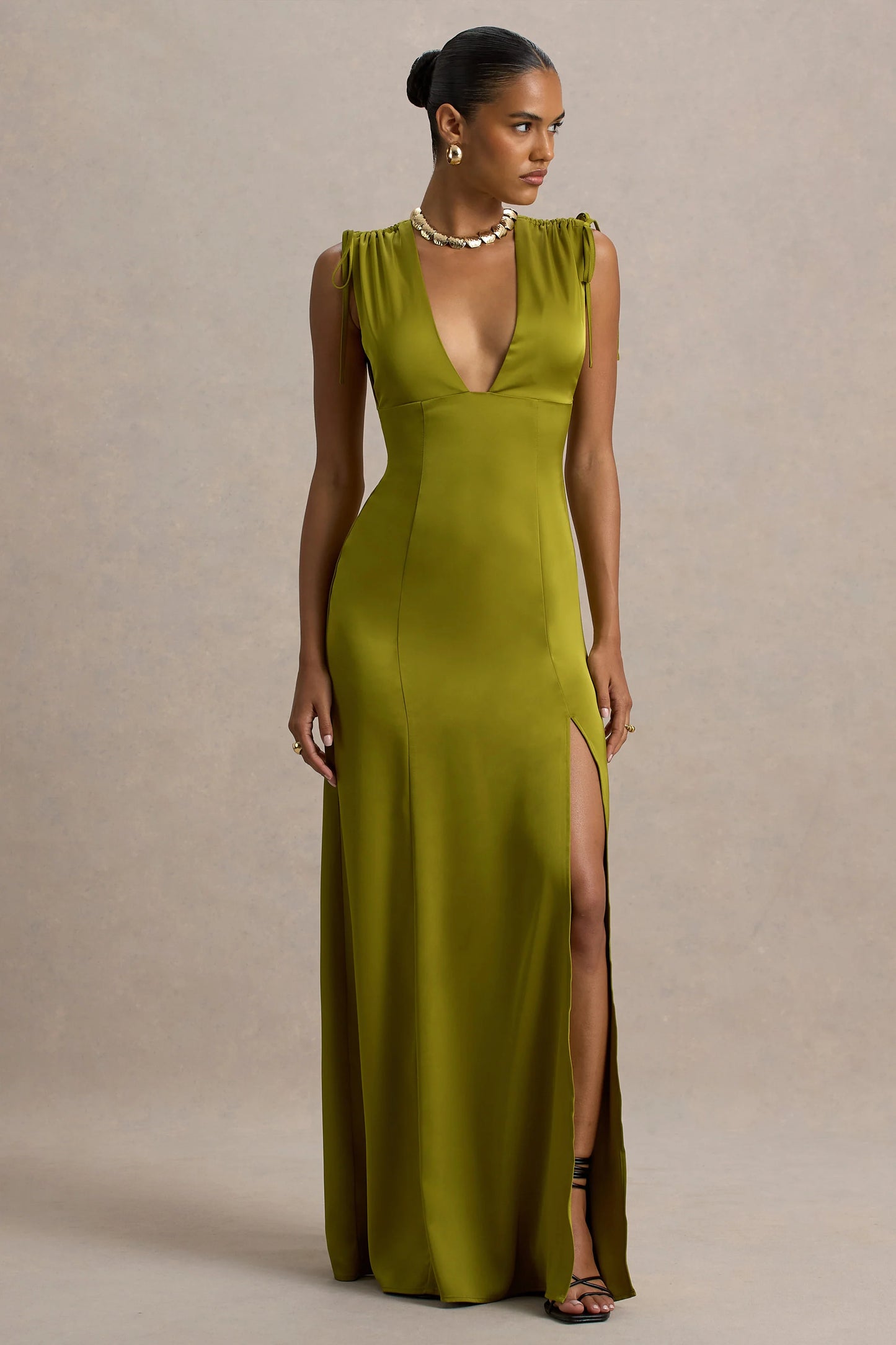 Ysabella Olive Satin Plunge-Neck Split Maxi Dress