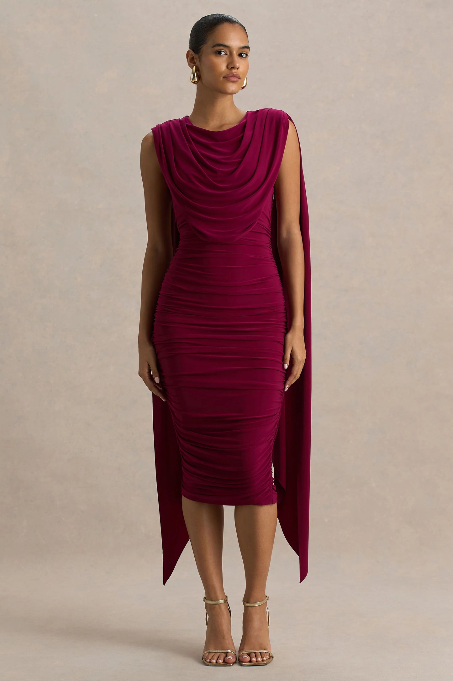 Wanderer Burgundy Crew-Neck Midi Dress With Draped and Ruched Detailing