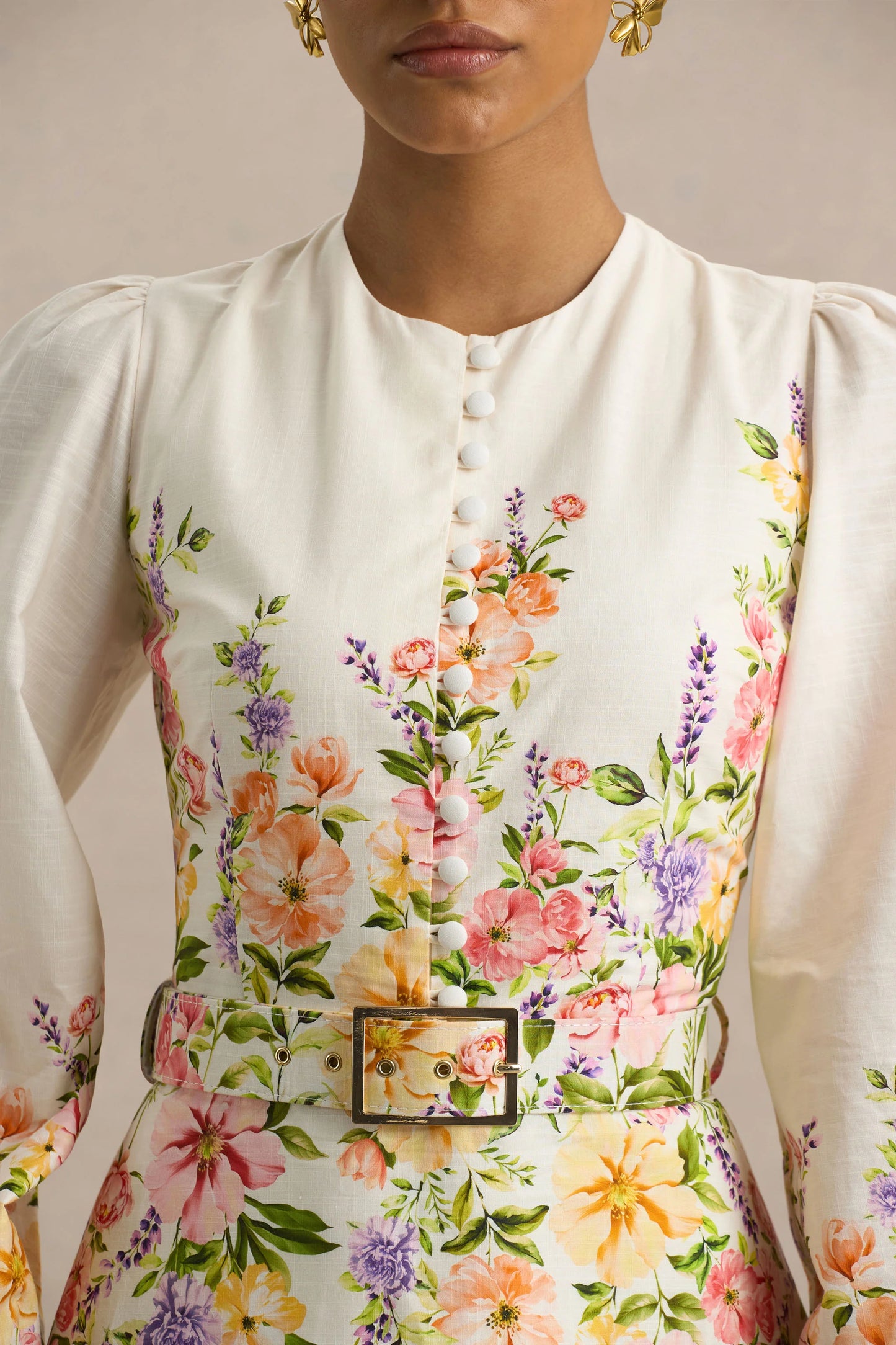 Dahlia White Floral Border Print High-Neck Midi Dress