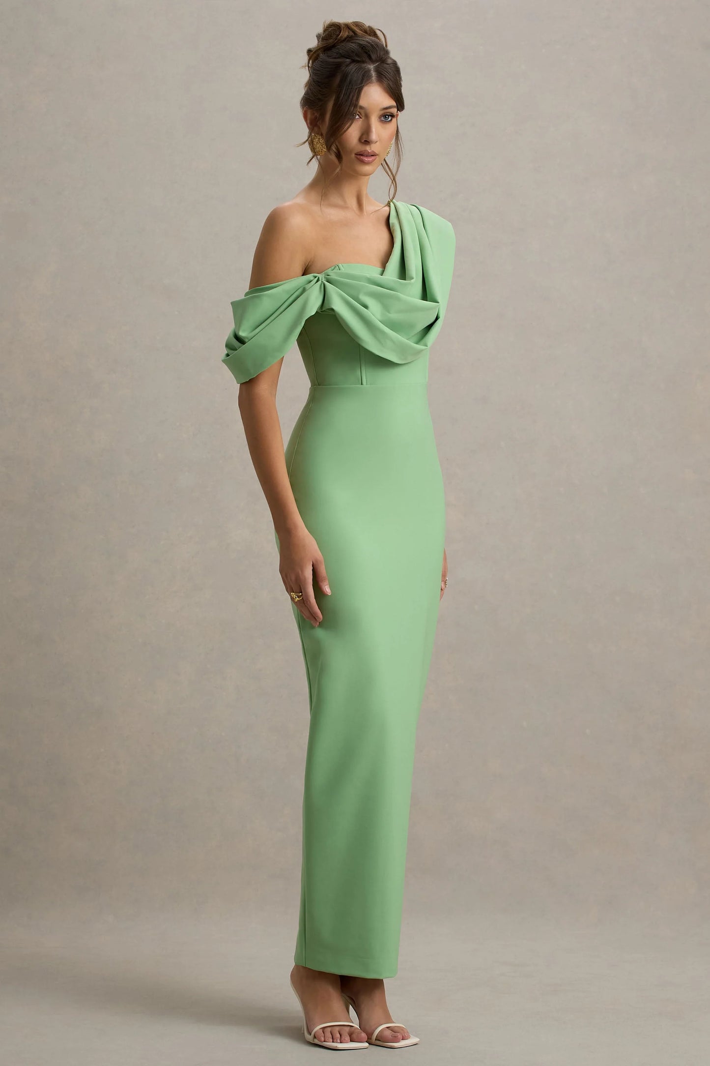 Angelina Green Draped Shoulder Maxi Dress