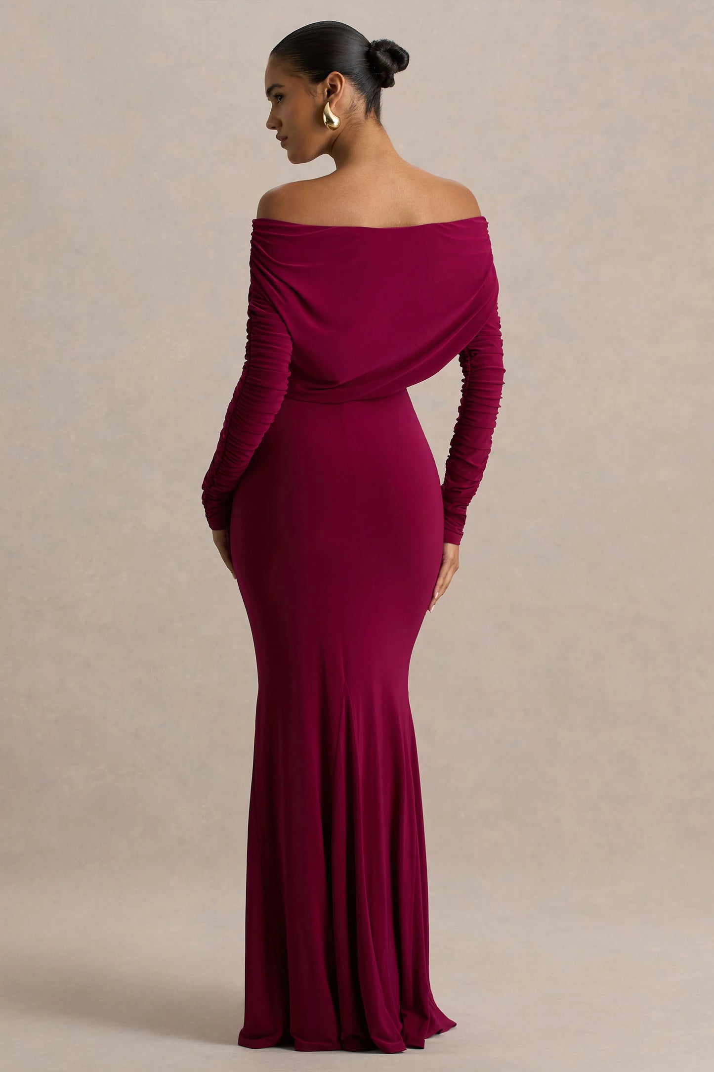 Cilla Burgundy Bardot-Neck Maxi Dress With Ruched Detailing