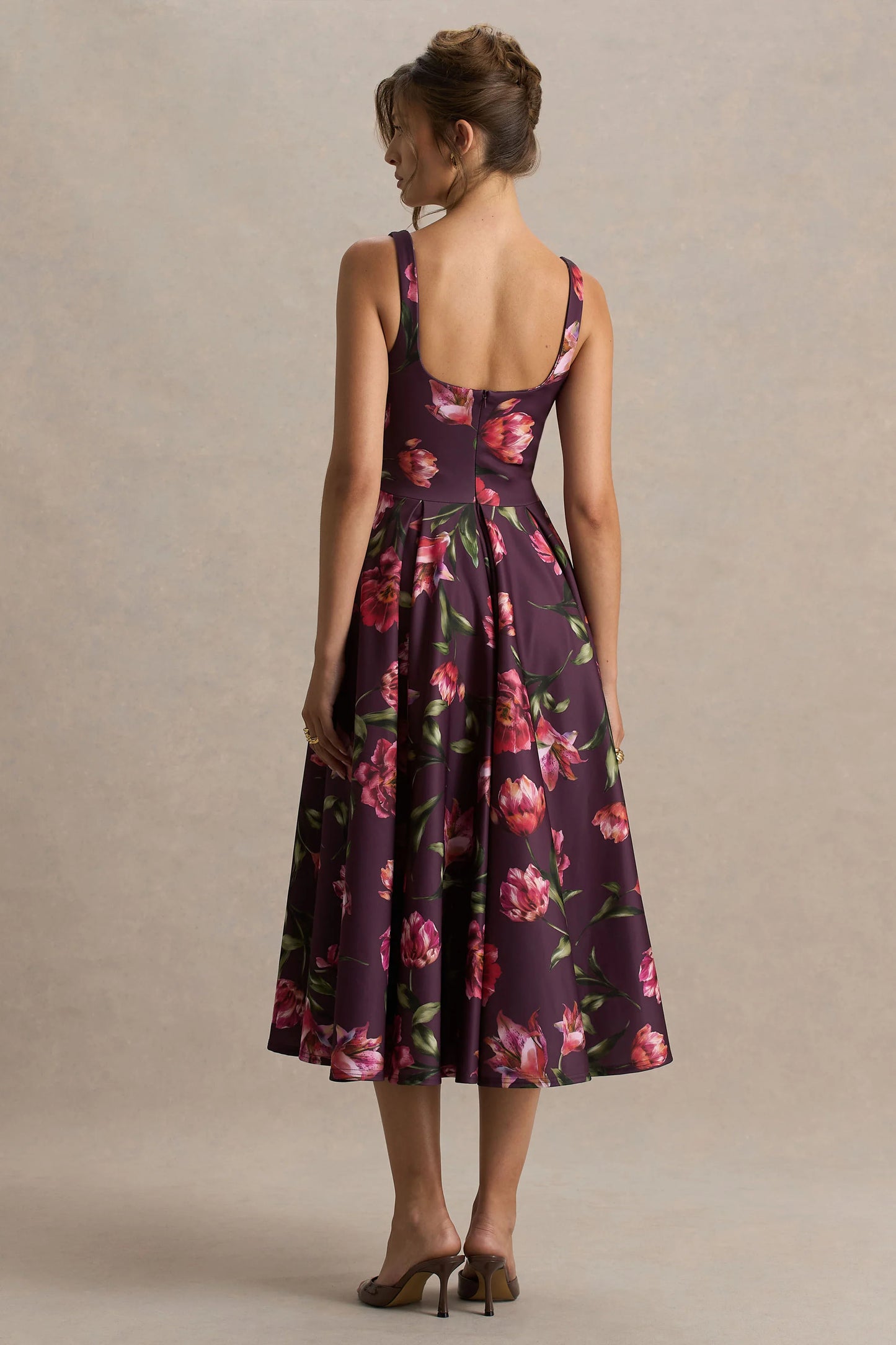 Berta Burgundy Floral Print Square-Neck Midi Dress