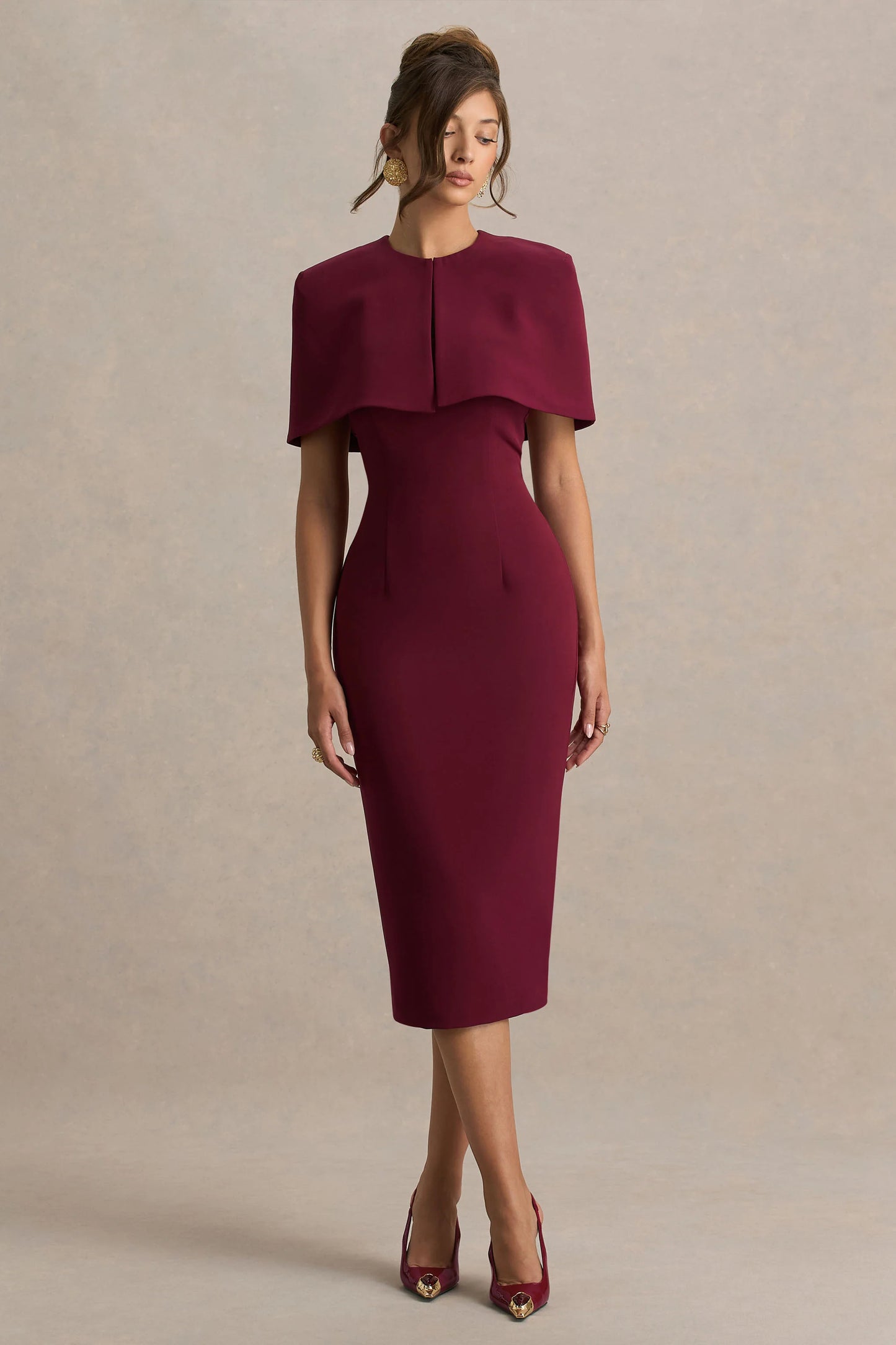Baylor Burgundy Midi-Dress With Removable Cape