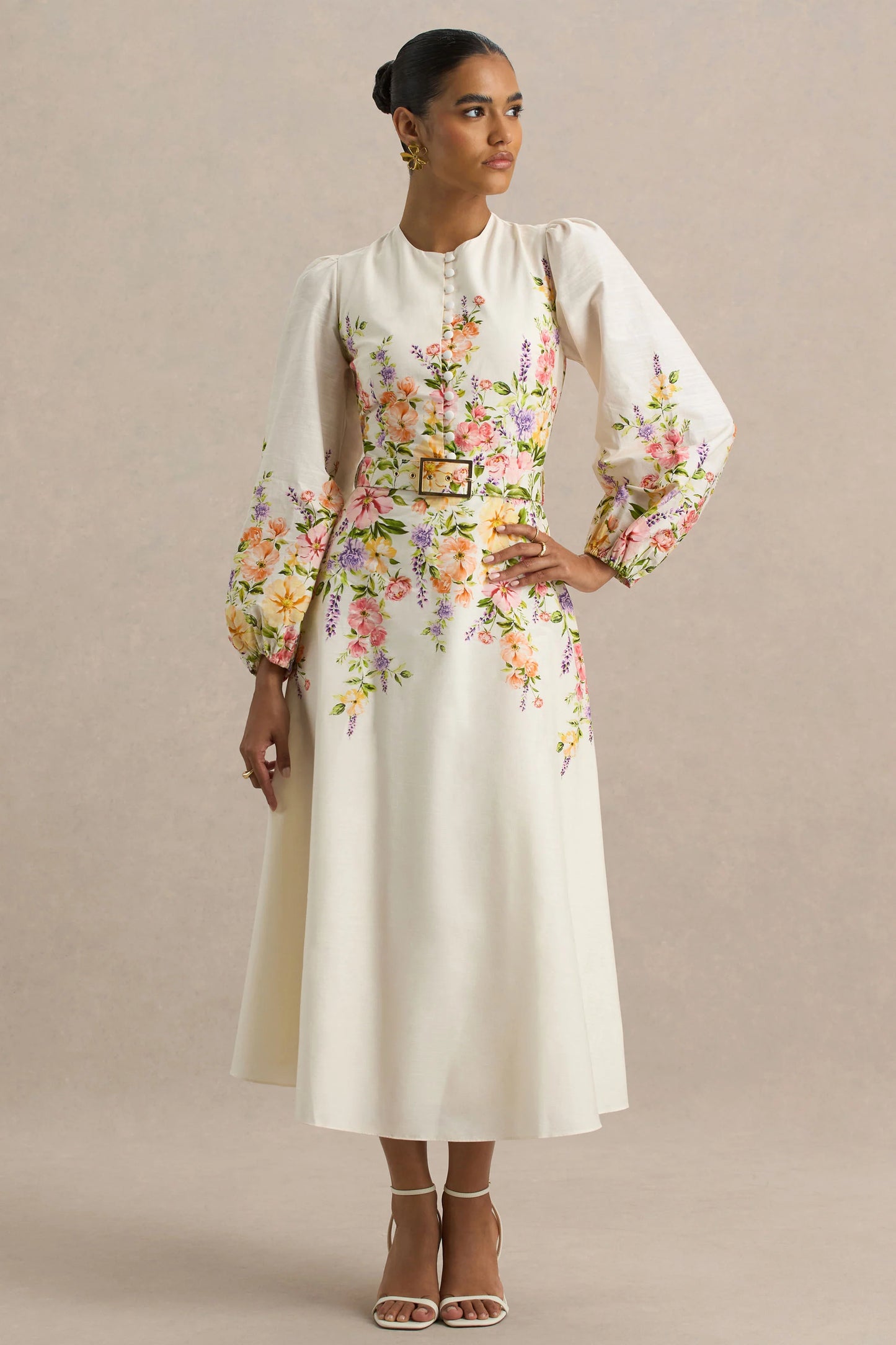 Dahlia White Floral Border Print High-Neck Midi Dress