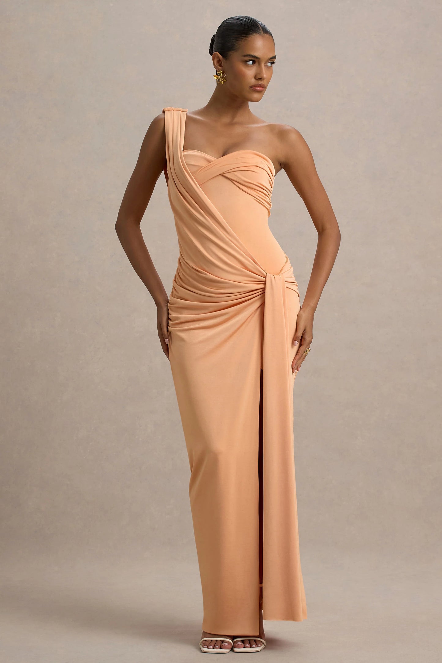 Erminia Peach One-Shoulder Twist Wrap Maxi Dress