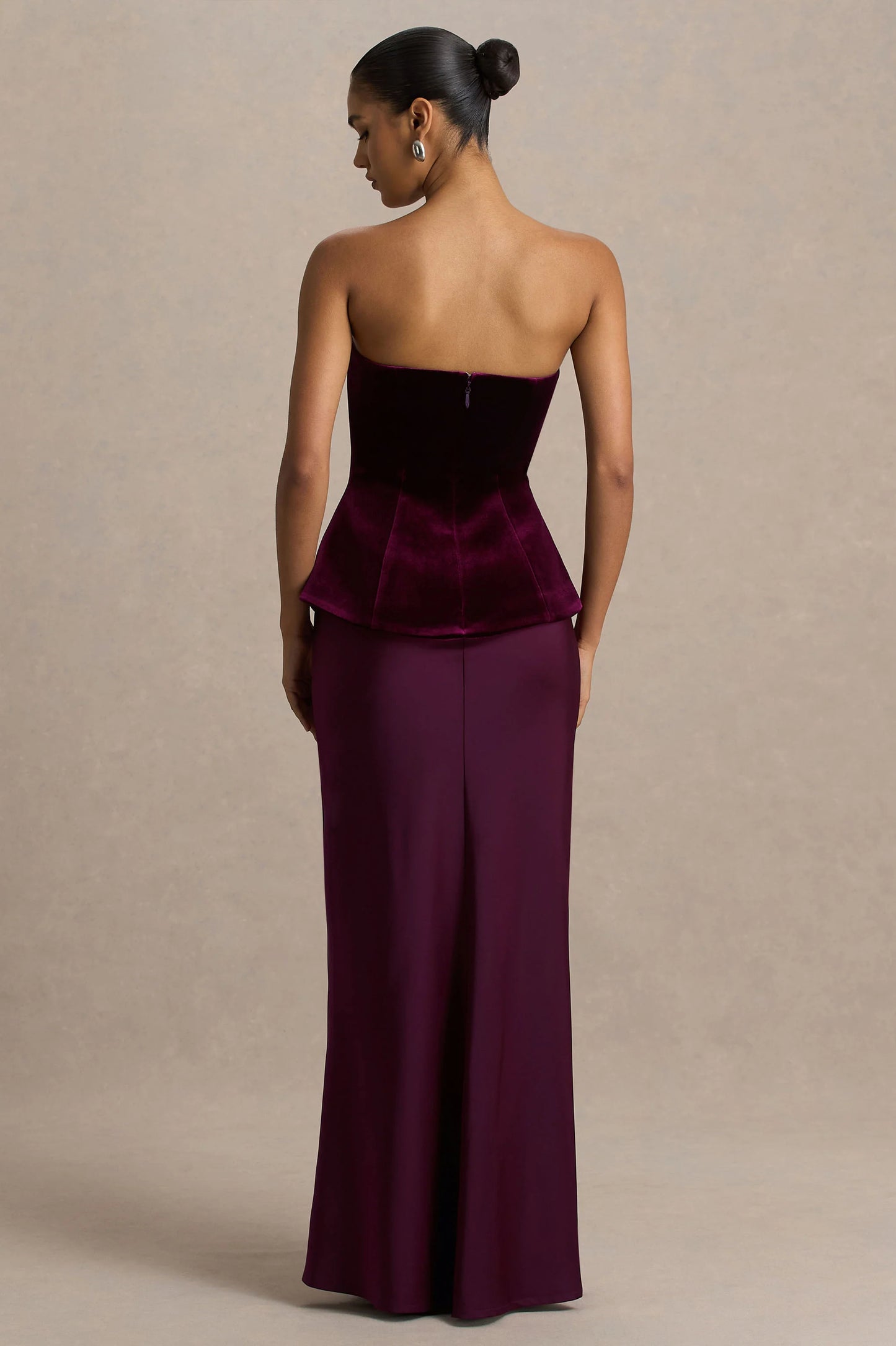 Indulgent Burgundy Velvet And Satin Bandeau Corset Maxi Dress