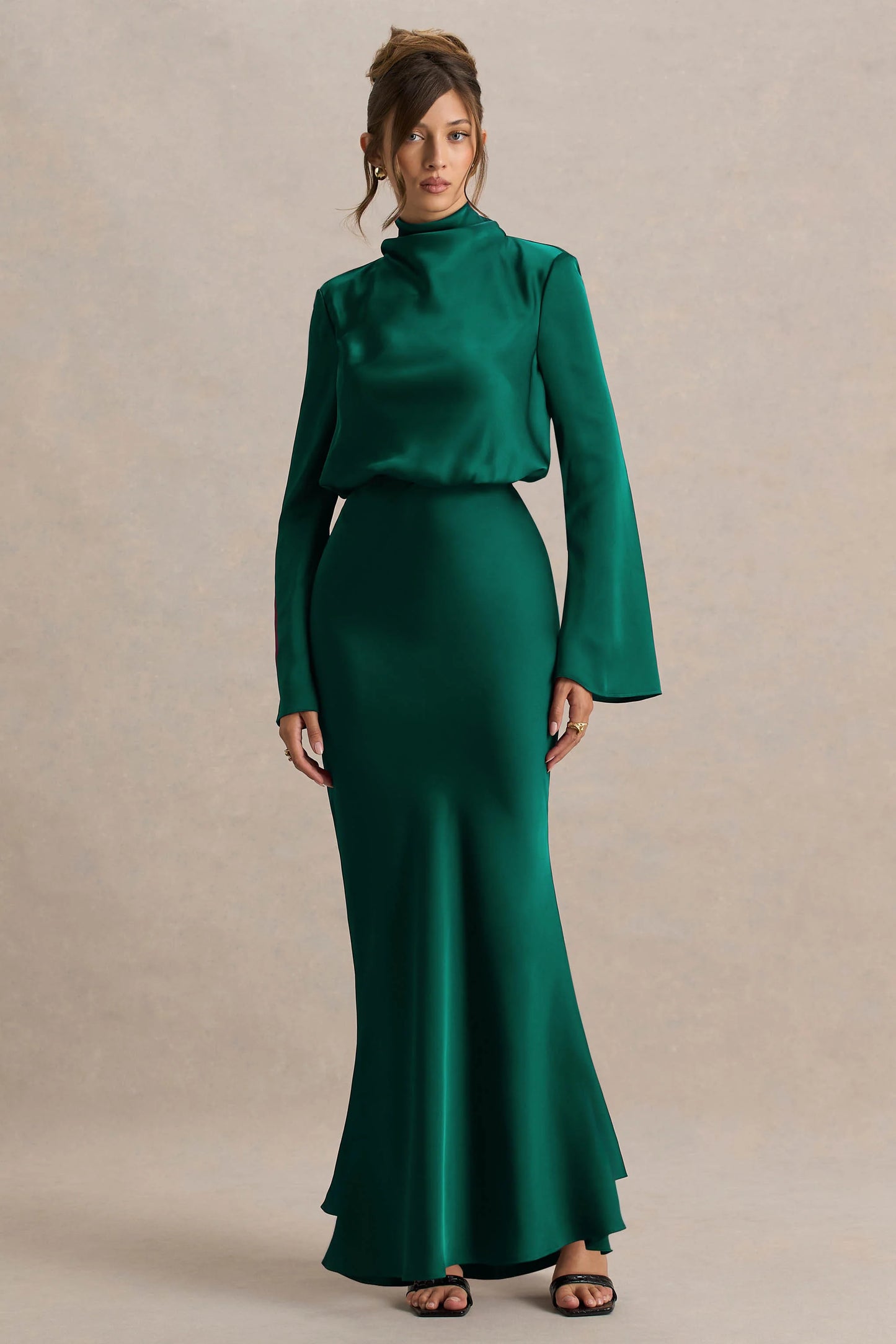 Celina Bottle Green Satin High-Neck Maxi Dress