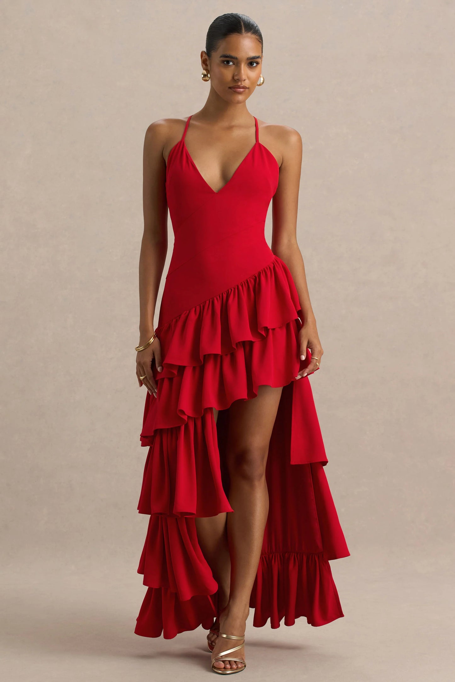 Bogota Red Plunge-Neck Maxi Dress With Ruffling Details And Front High Split