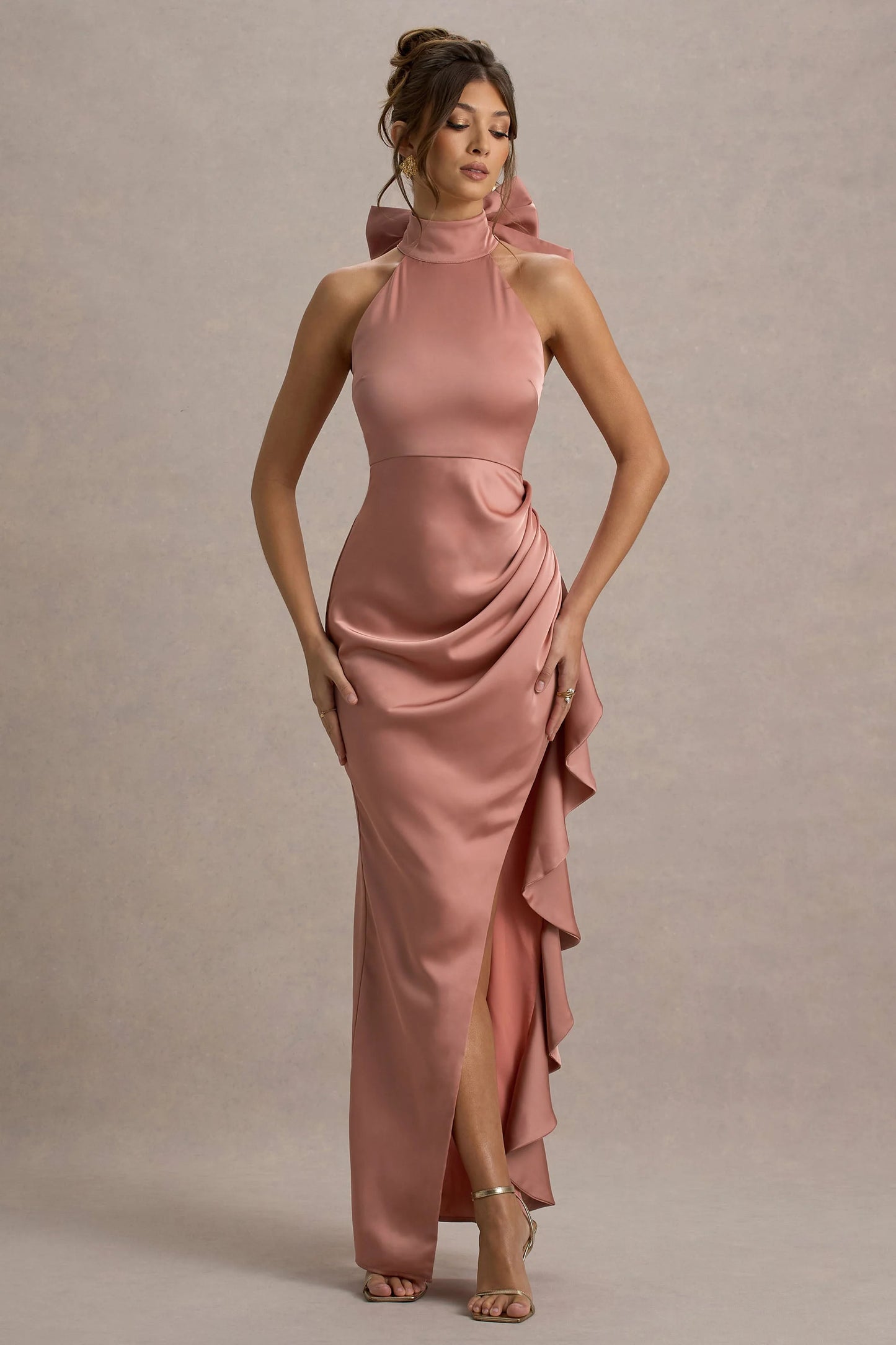 Maureen Pink Satin High-Neck Draped Maxi Dress