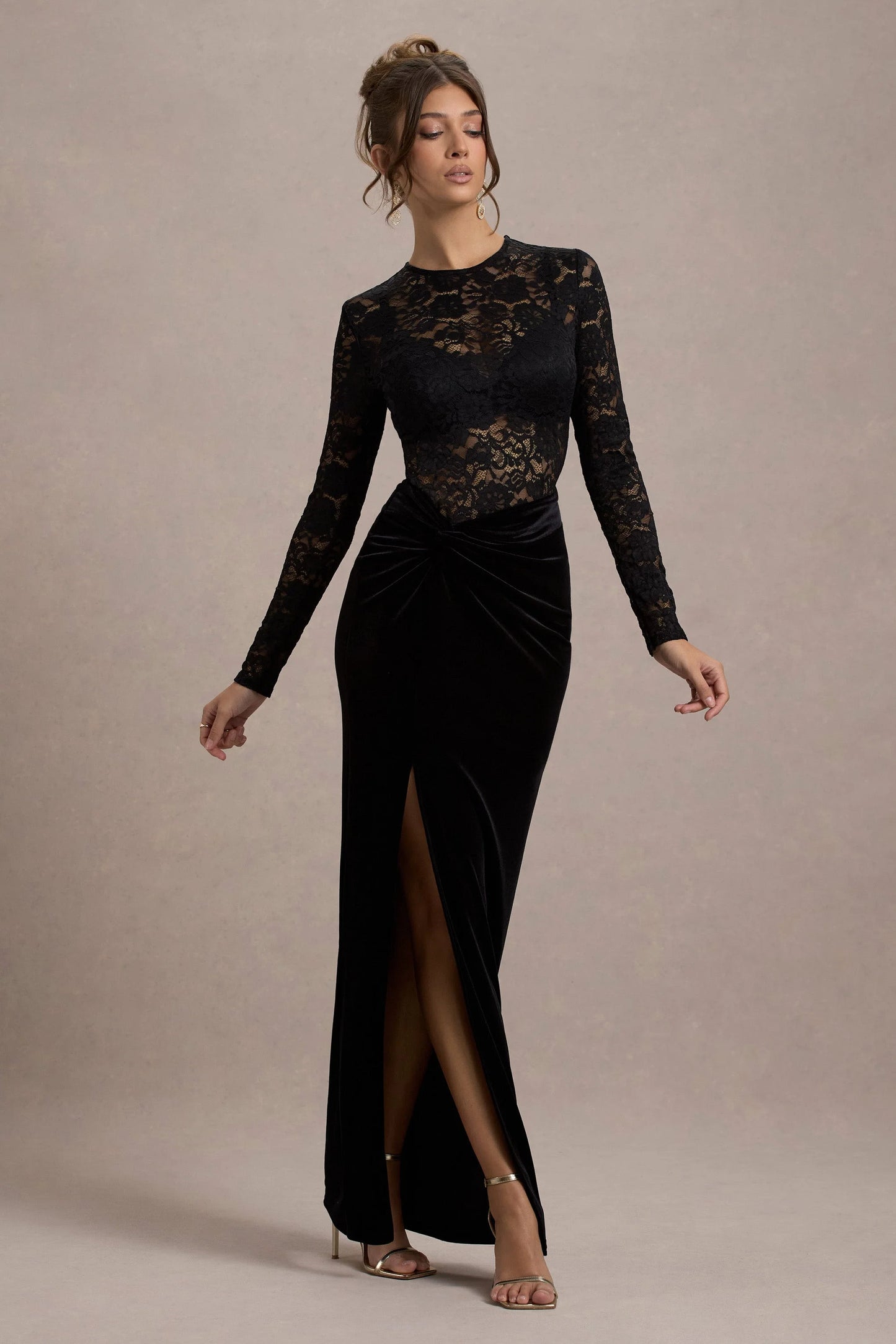 Loving Look Black Lace Long-Sleeve Twisted Split Maxi Dress
