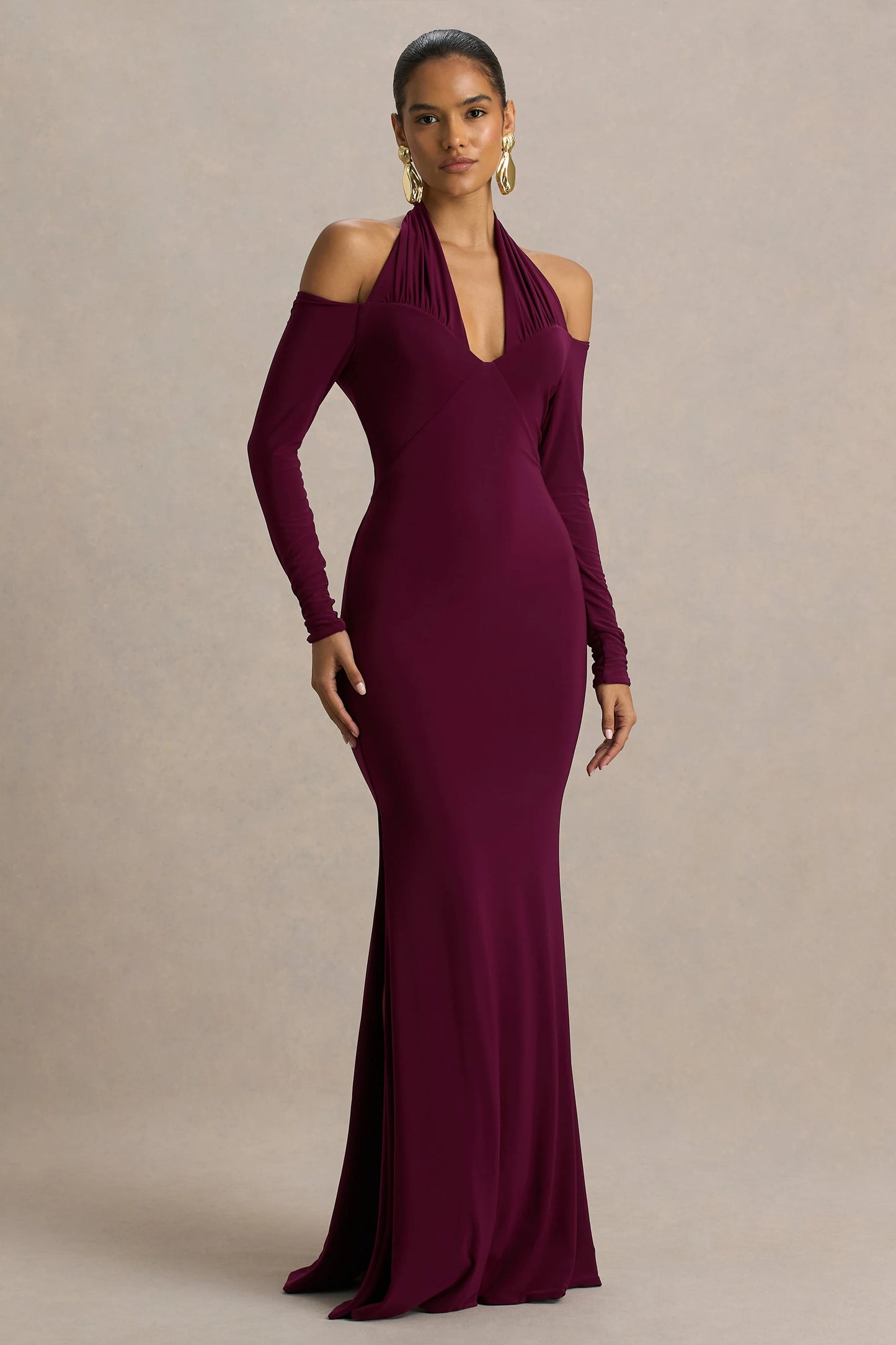 Living High Burgundy Halter-Neck Maxi Dress With Long Sleeves