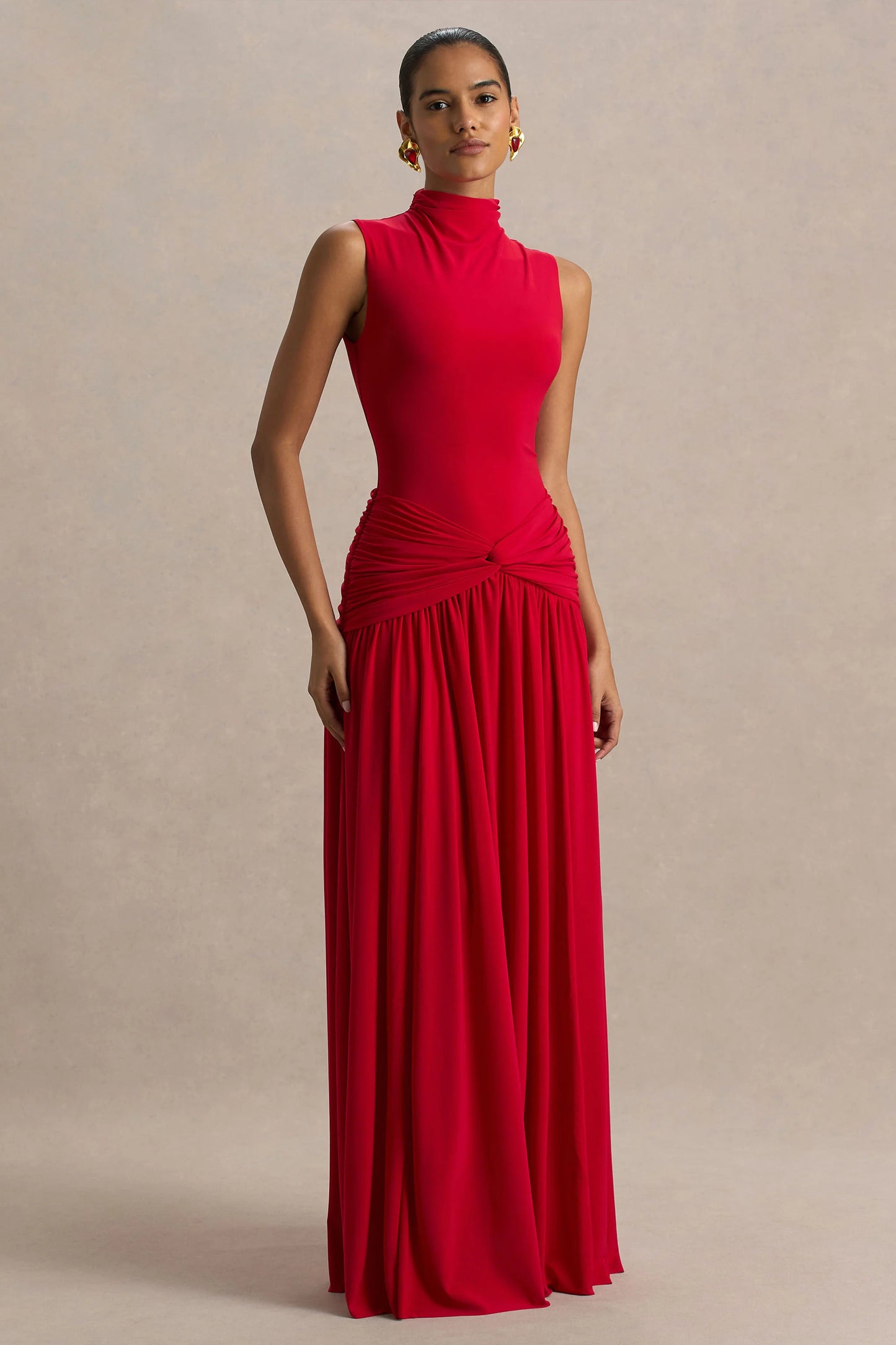 Cascade Red High-Neck Maxi Dress With Twist Detail