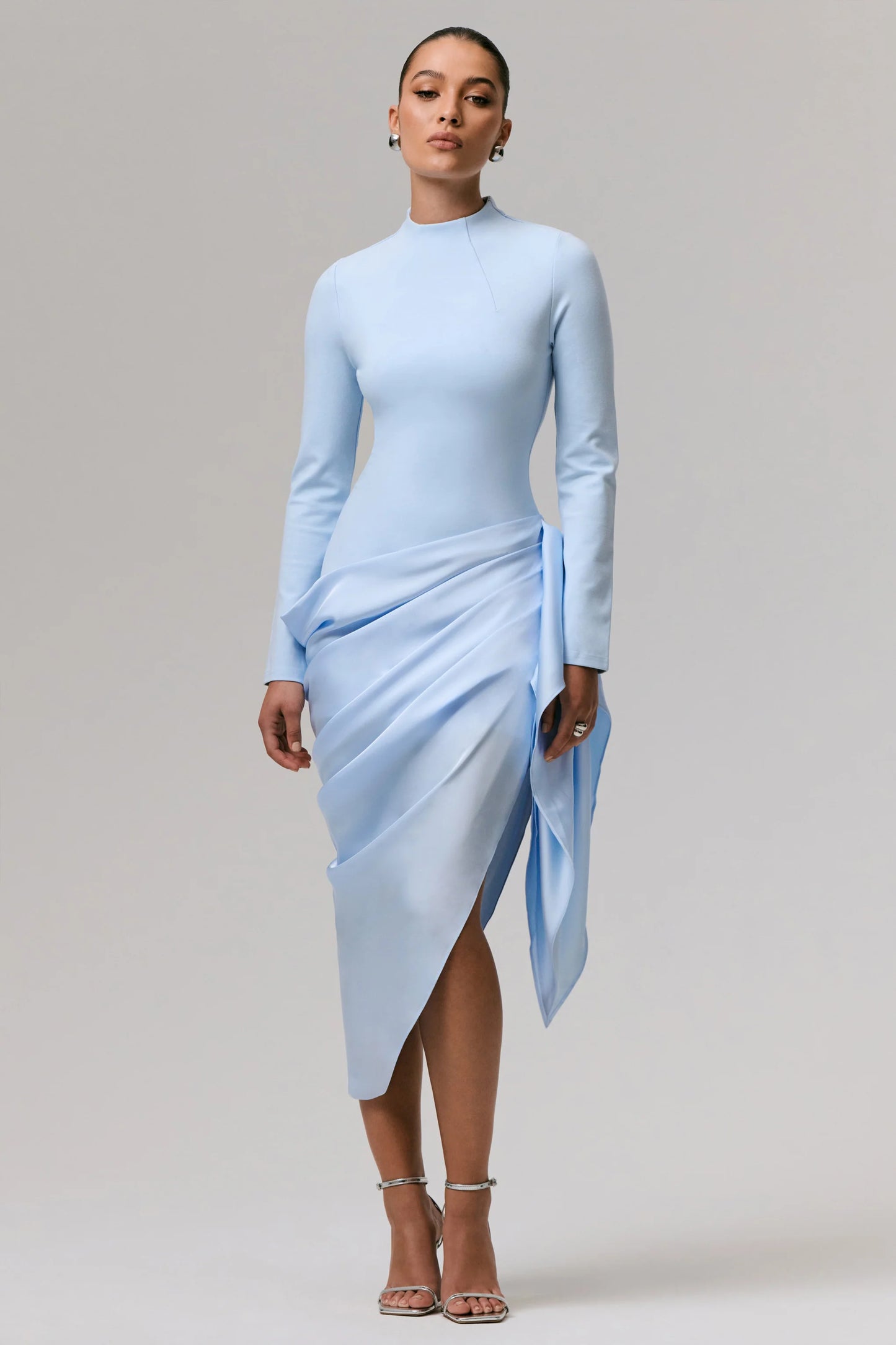 Raffie Powder Blue Long-Sleeve Midi Dress With Satin Wrap Skirt