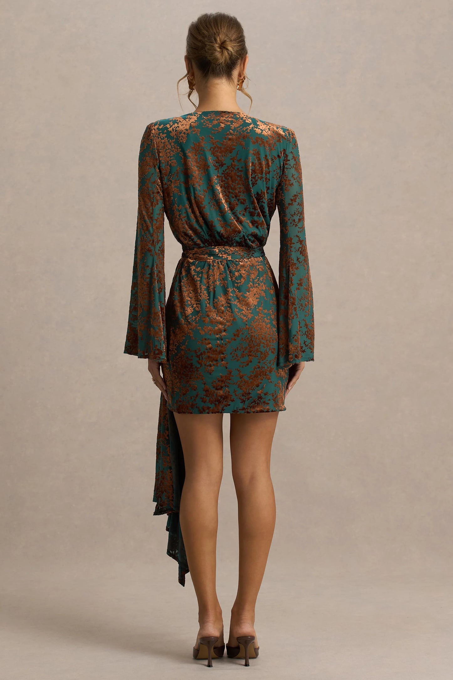 Dimitra Dark Green And Brown Velvet Devore Plunge-Neck Wrap Mini Dress