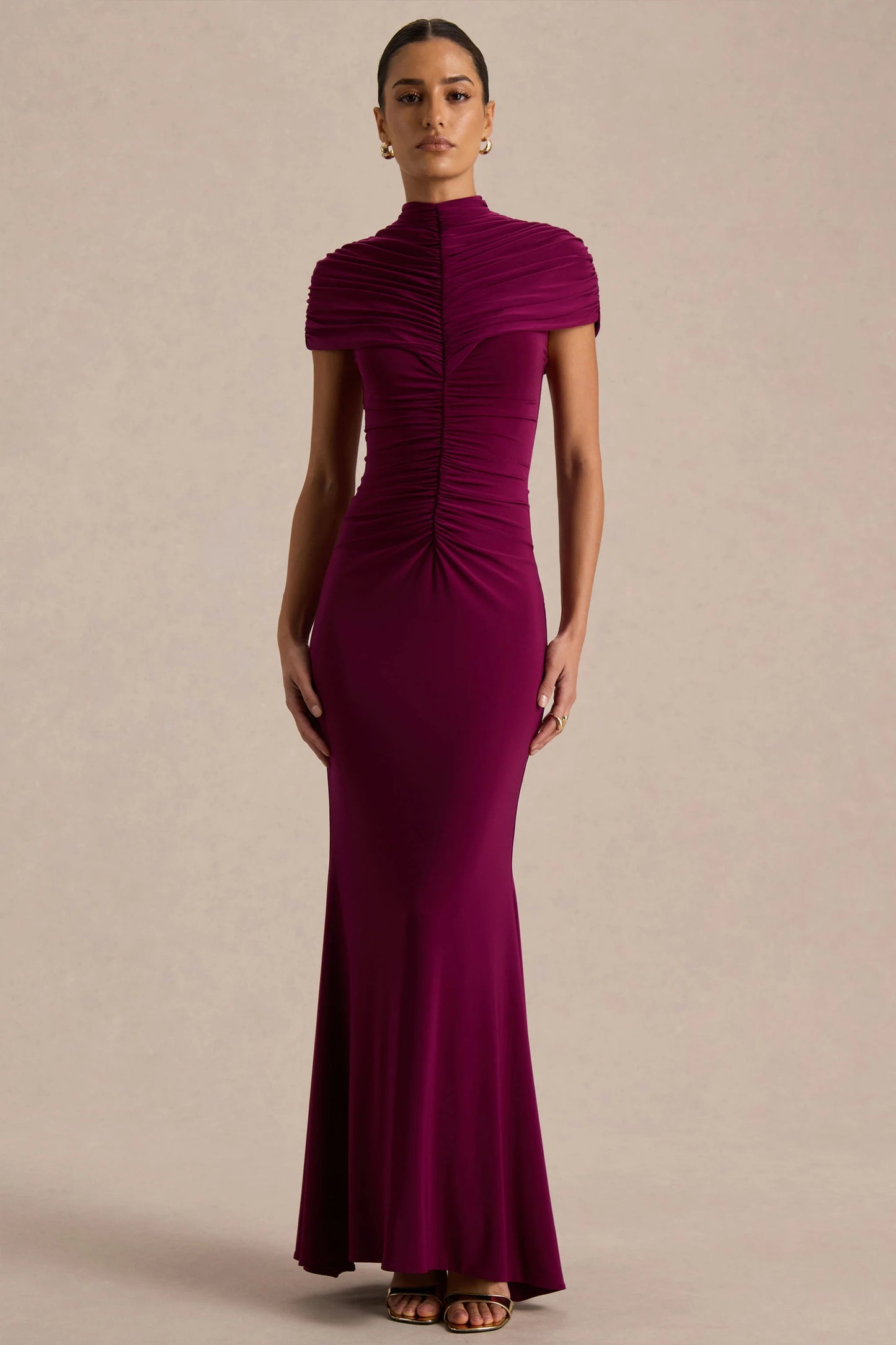 Azaria Burgundy High-Neck Maxi Dress With Ruched Detailing