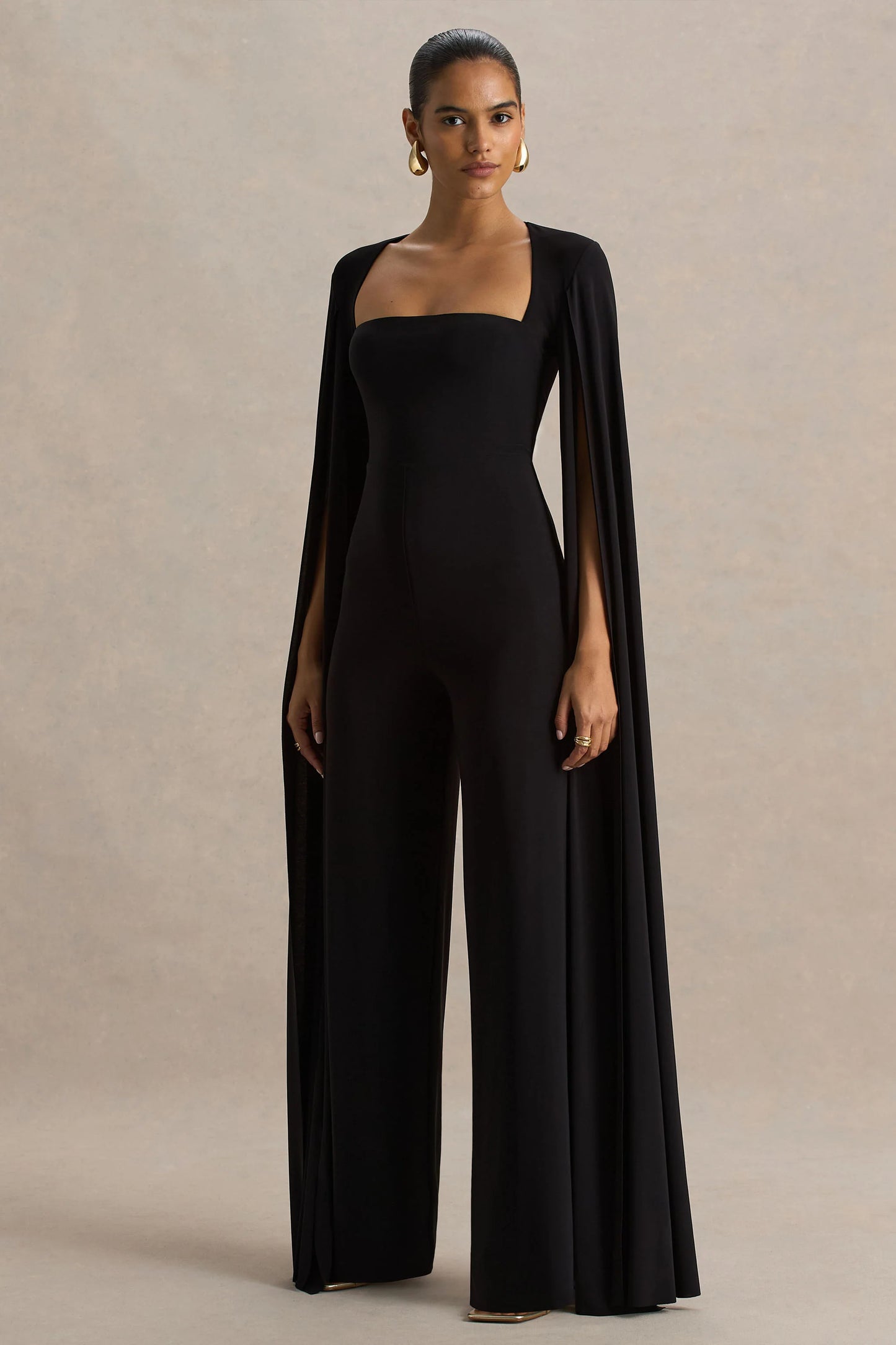 Zara Black Square-Neck Jumpsuit With Cape Sleeves