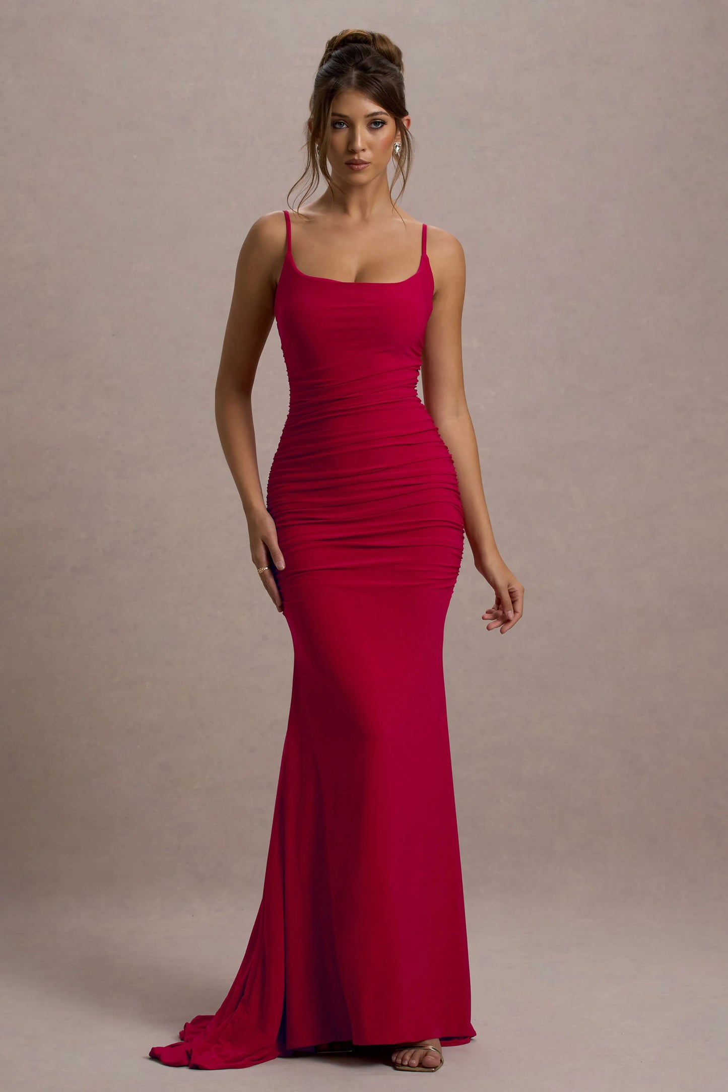 Adele Red Ruched Fishtail Cami Maxi Dress