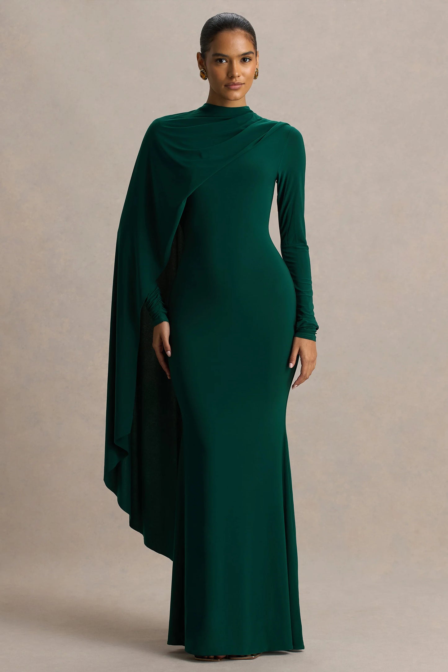 Always Bottle Green High-Neck Maxi Dress With Cape Sleeve Detail