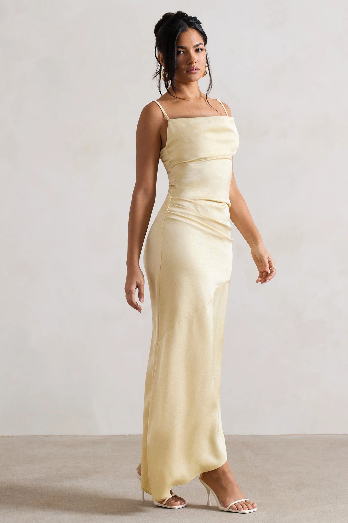 Santi Lemon Satin Cowl-Neck Asymmetric Maxi Dress