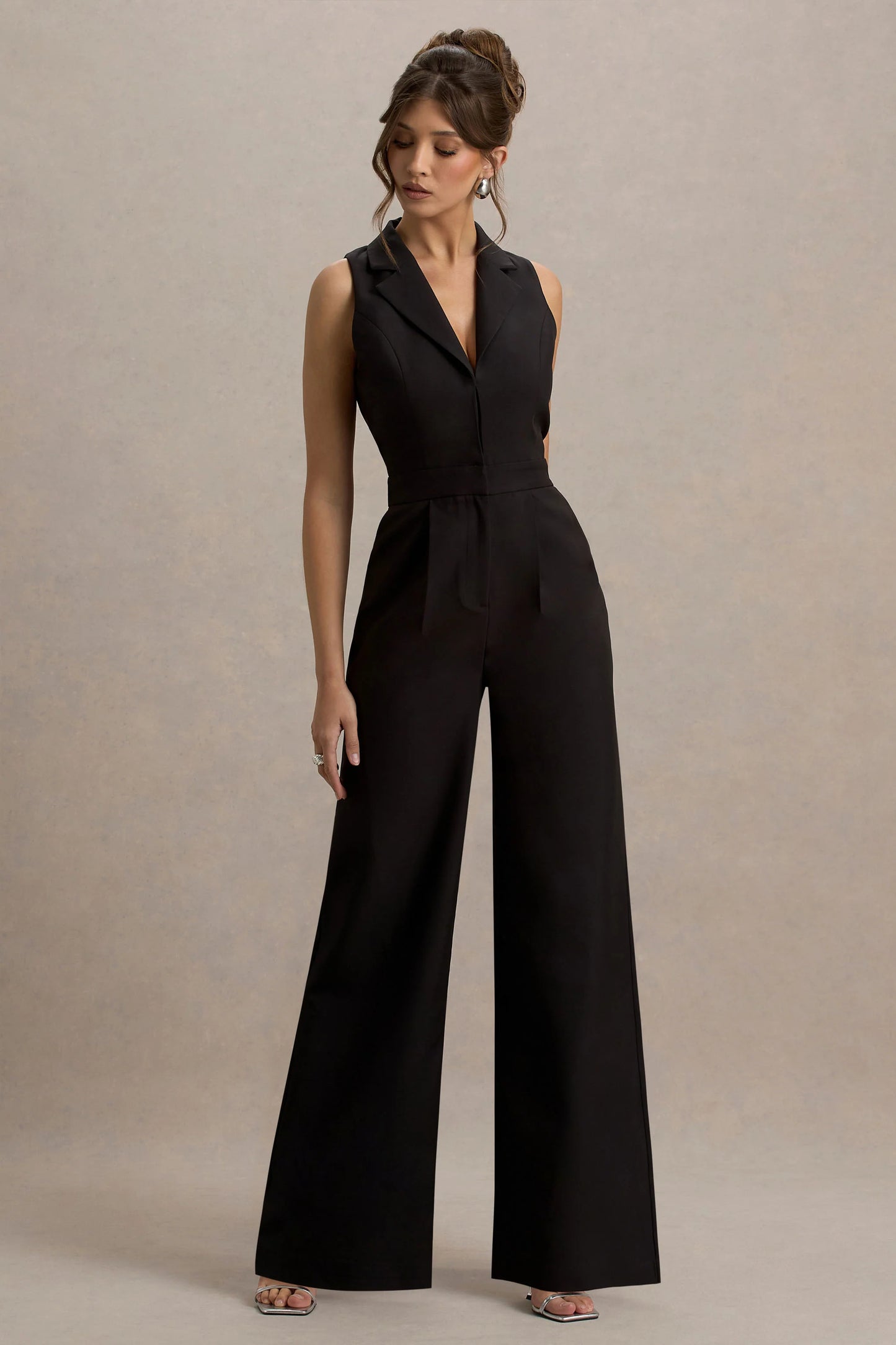 Trixie Black Plunge-Neck Tailored Jumpsuit