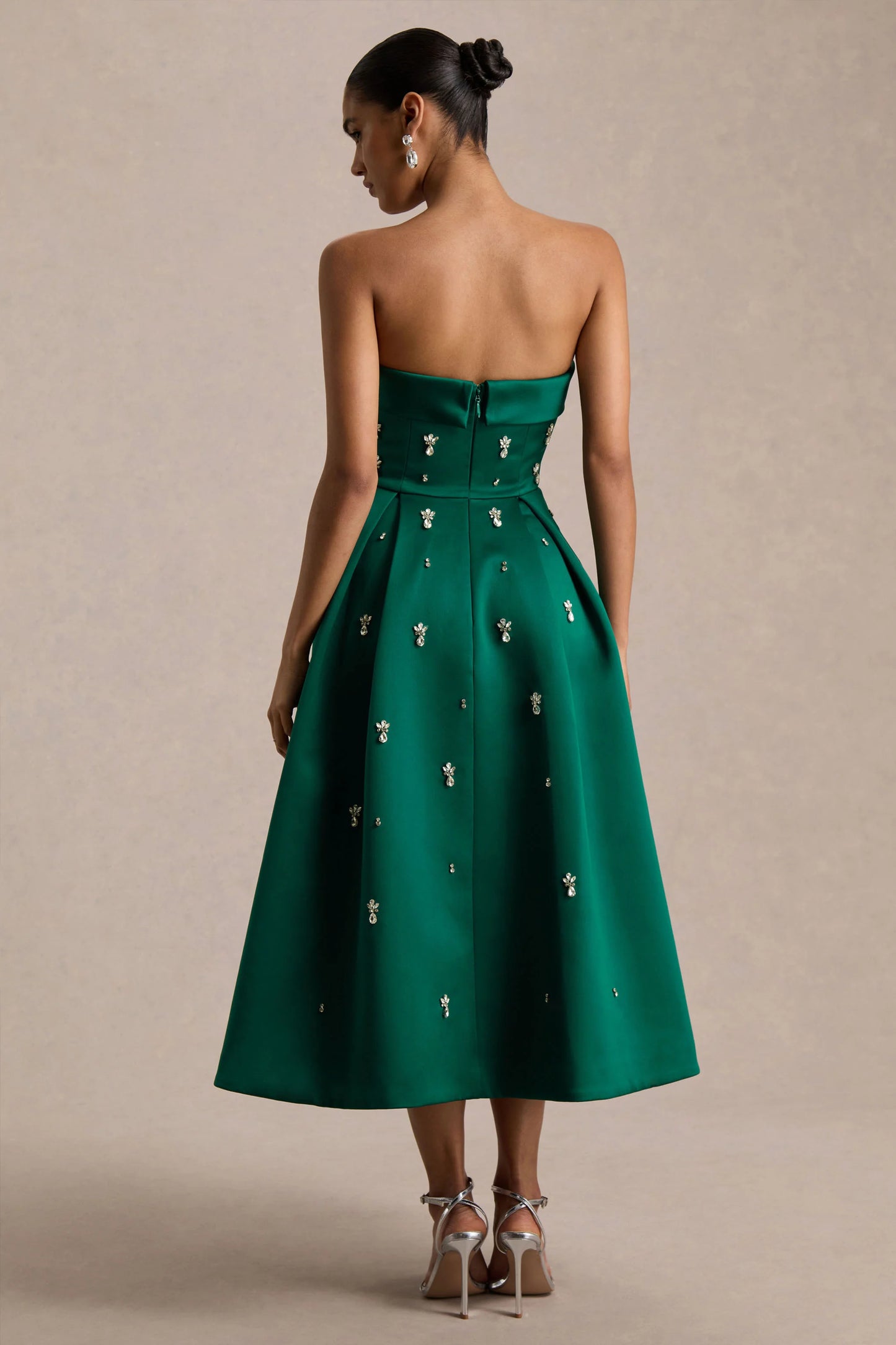 Sylvette Dark Green Satin Bandeau Skater Midi Dress