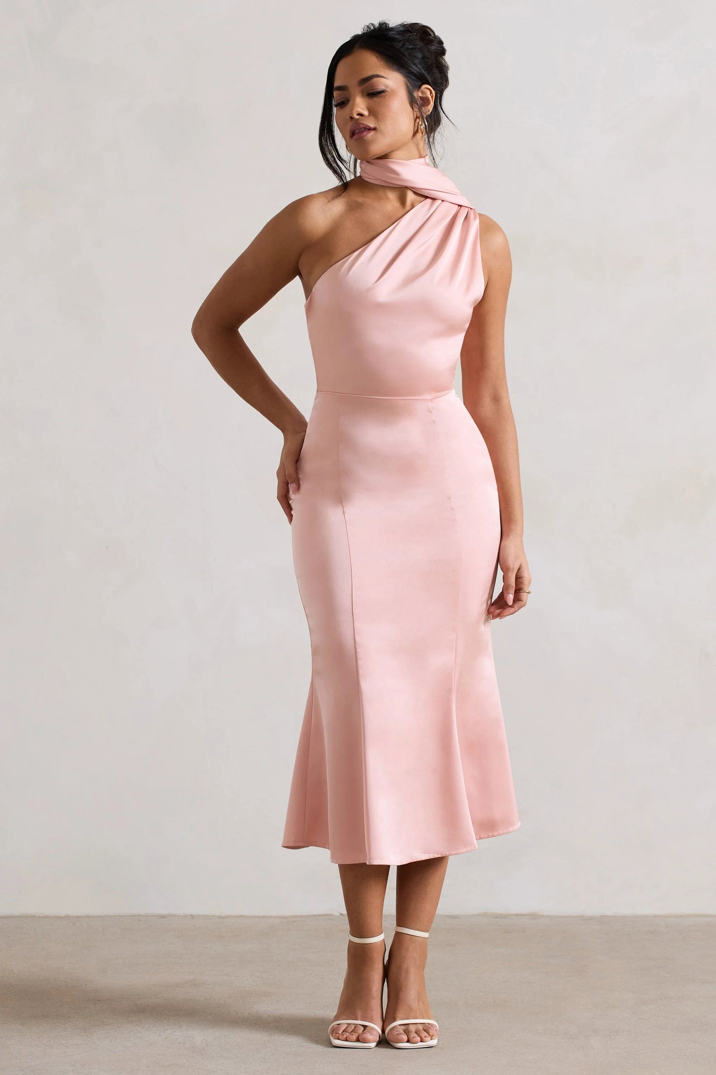 Golden Girl Blush Pink Satin One Shoulder High-Neck Flared Midi Dress