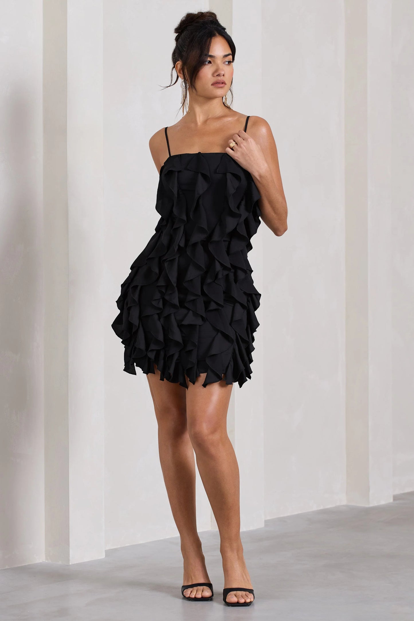 It Girl Black Bandeau Bodycon Mini Dress With Ruffles